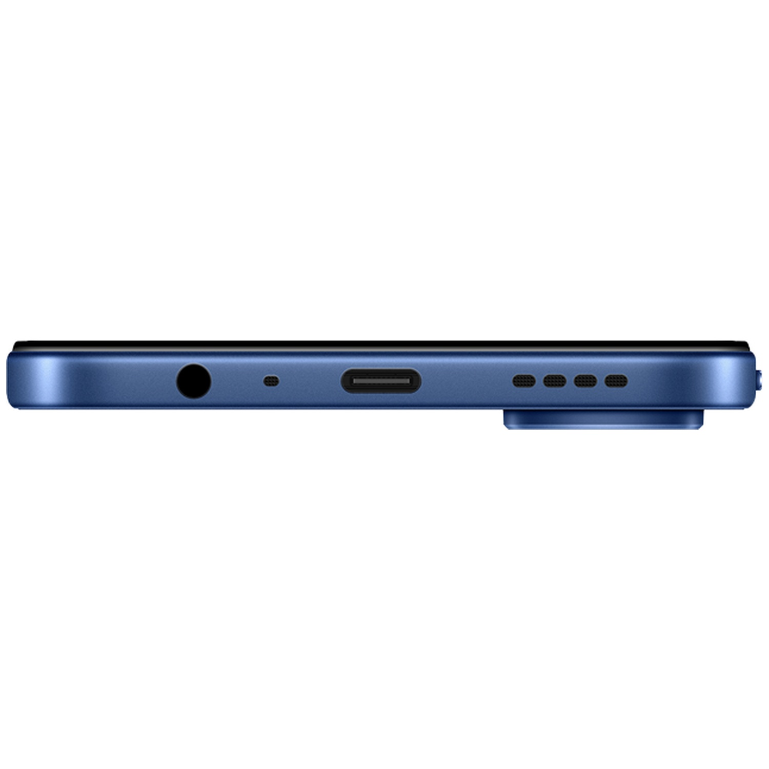 Vue de dessous d'un smartphone bleu avec prise casque, port USB-C et haut-parleur.