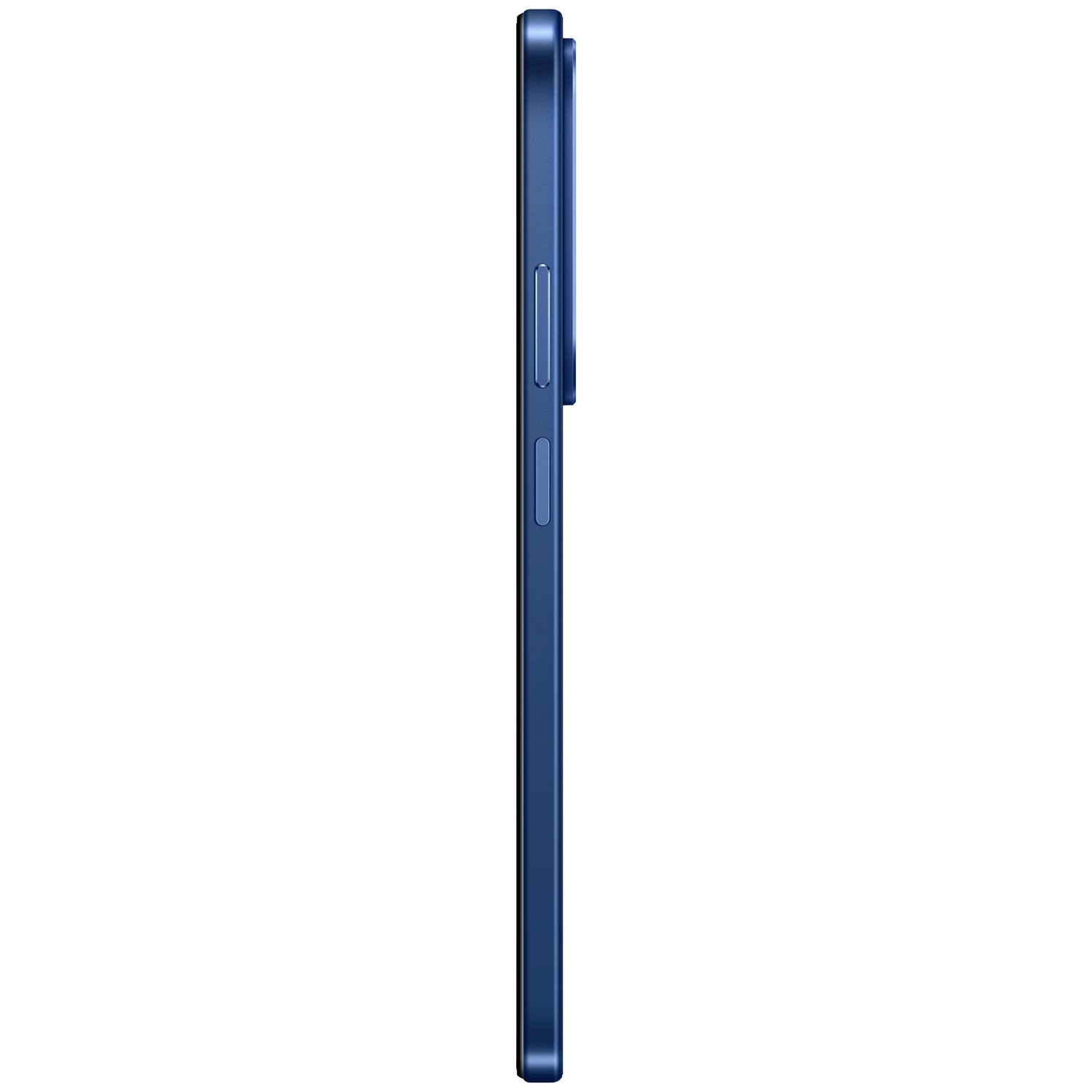 Vue latérale d'un smartphone bleu avec boutons de volume et module photo.