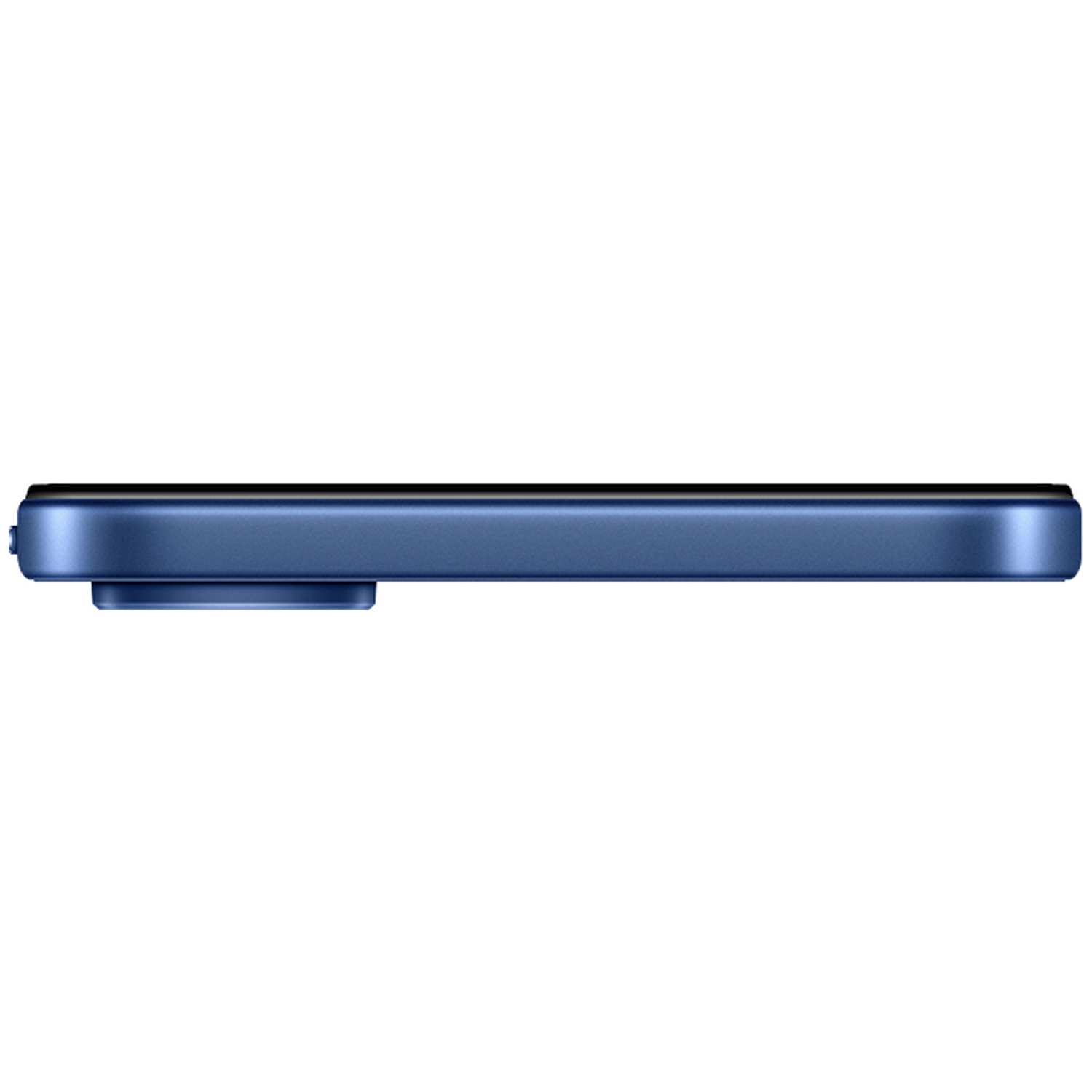 Vue latérale d'un smartphone bleu avec un cadre plat et une légère protubérance.