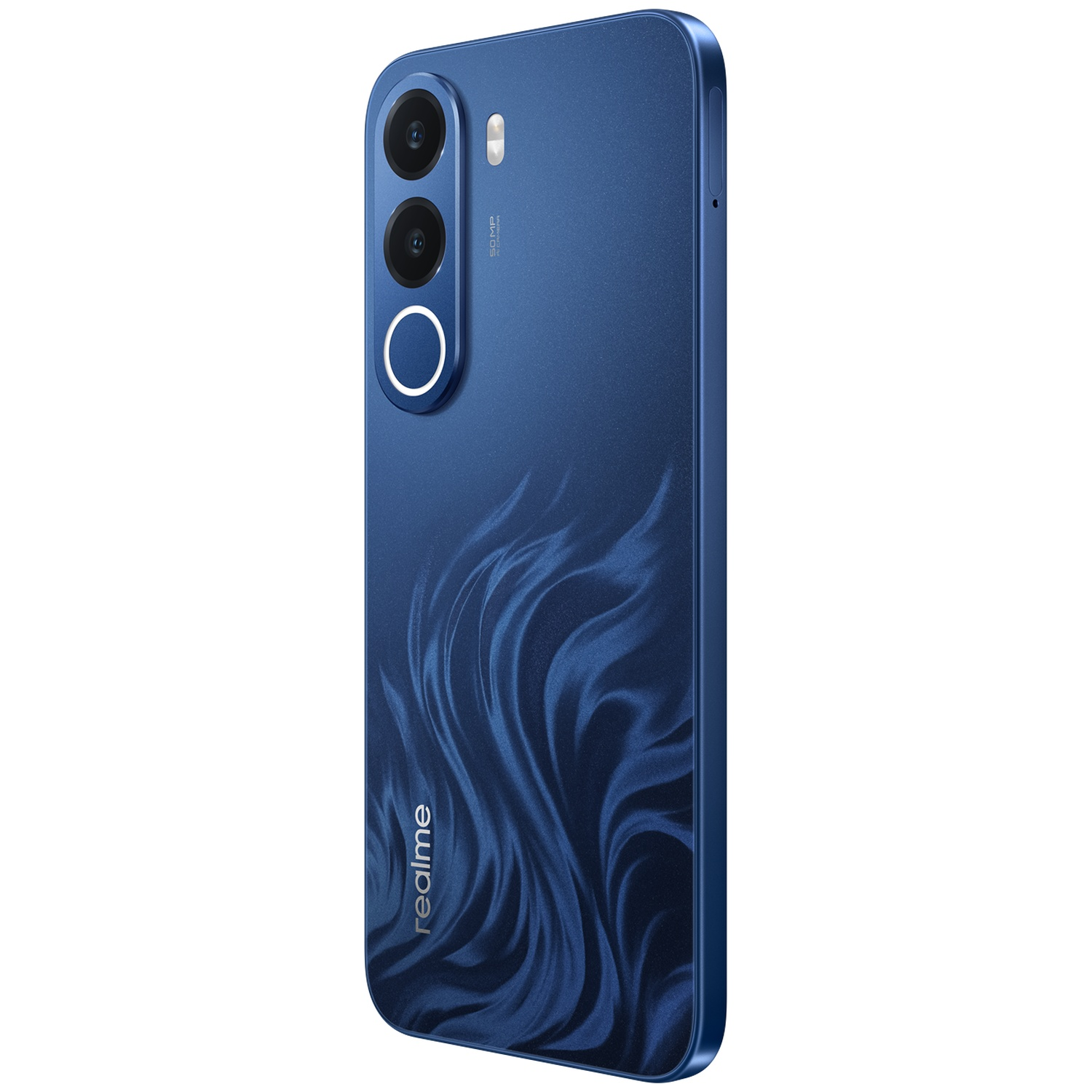 Dos d'un smartphone Realme bleu avec motif ondulé, deux caméras et un flash annulaire.