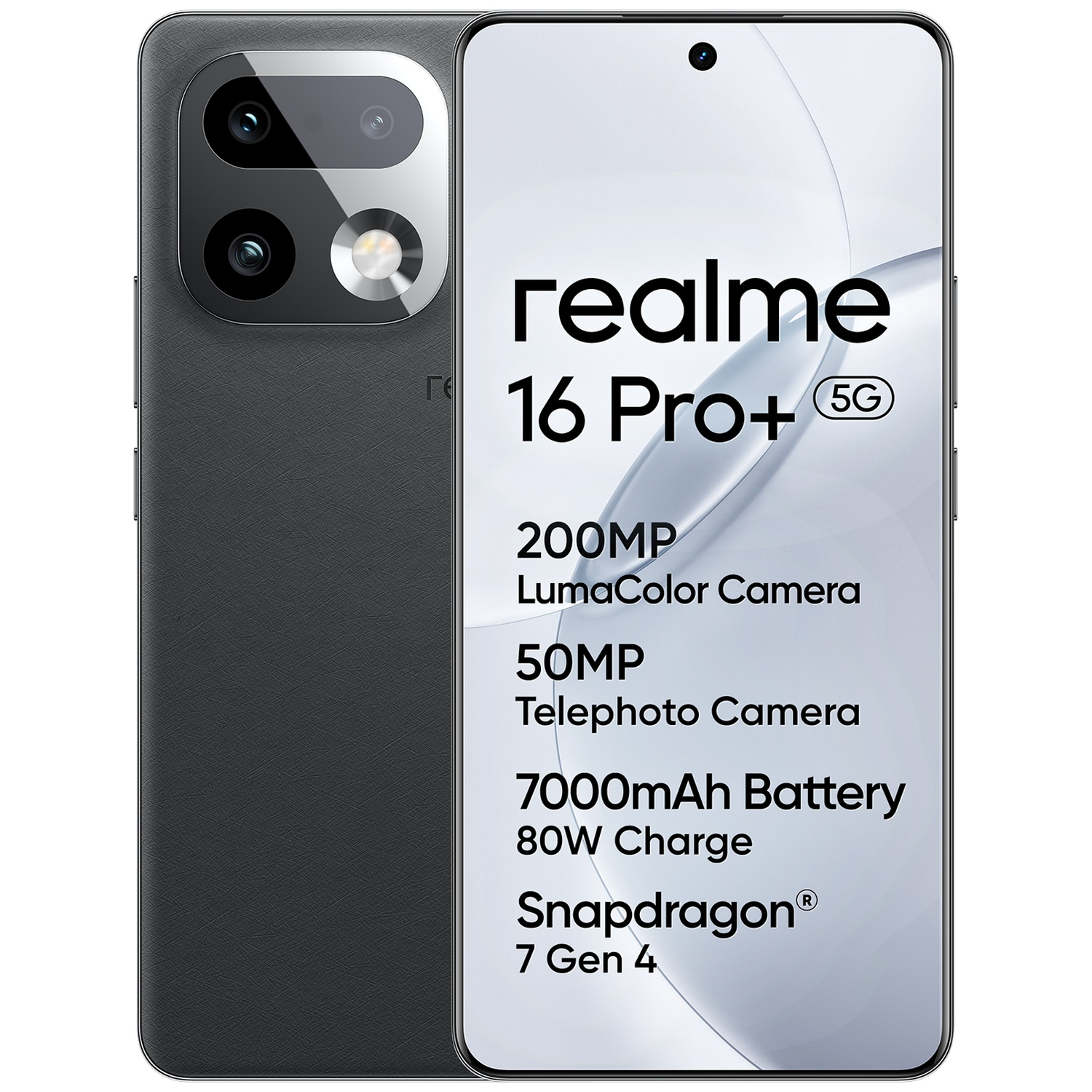 Smartphone Realme 16 Pro+ 5G avec dos texturé noir, triple appareil photo et texte technique à l'écran.