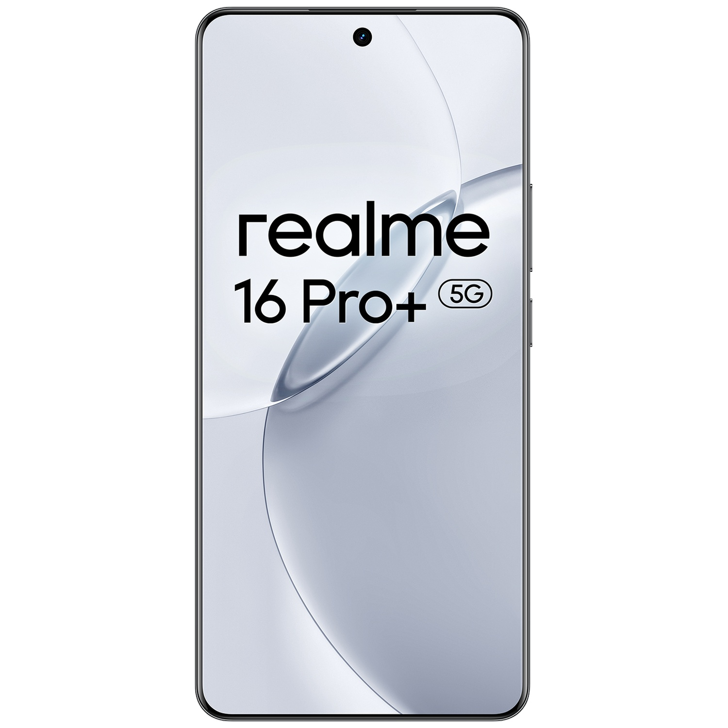 Smartphone doté d'un écran lumineux affichant le texte realme 16 Pro+ 5G.