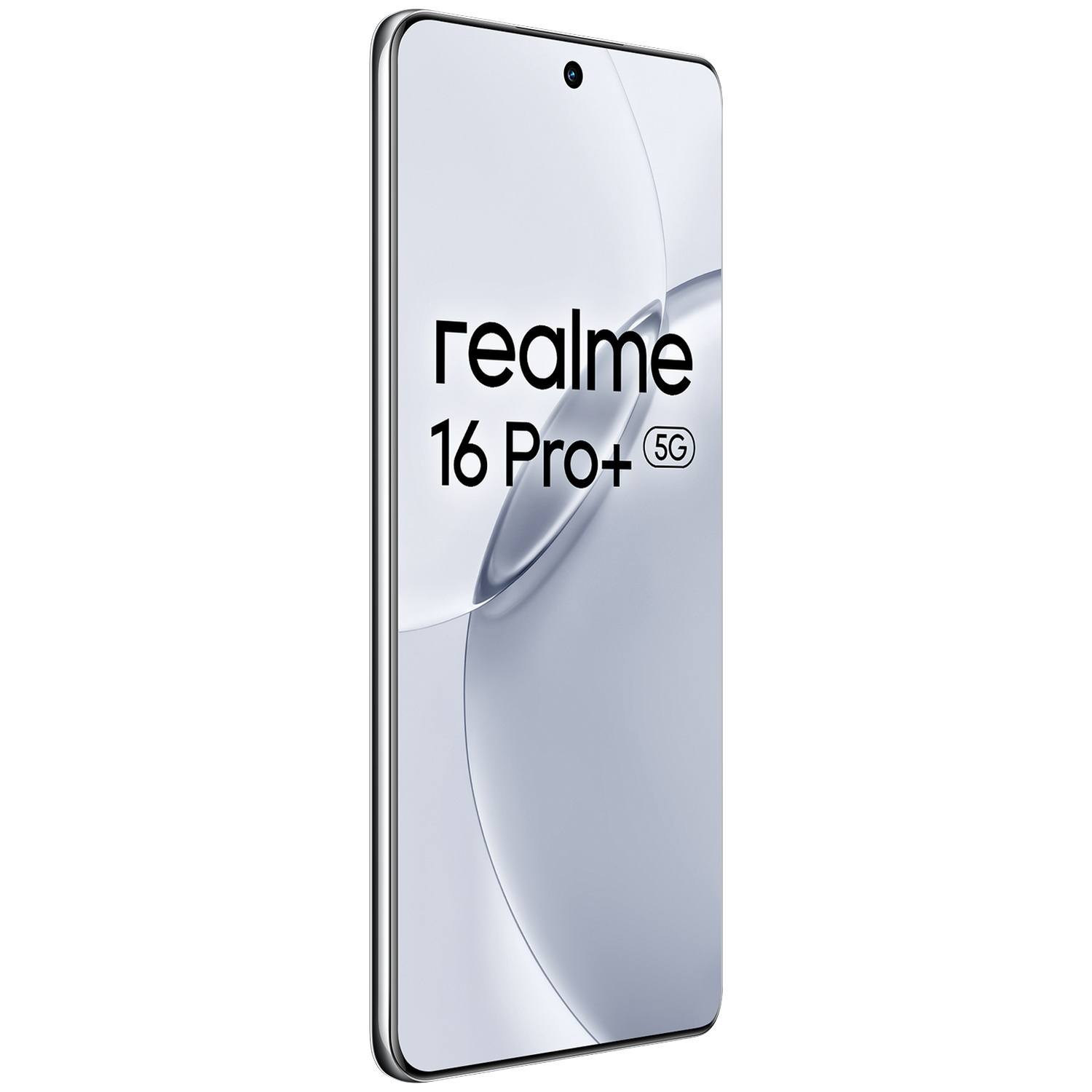 Un smartphone argenté Realme 16 Pro+ 5G est dressé sur fond blanc.
