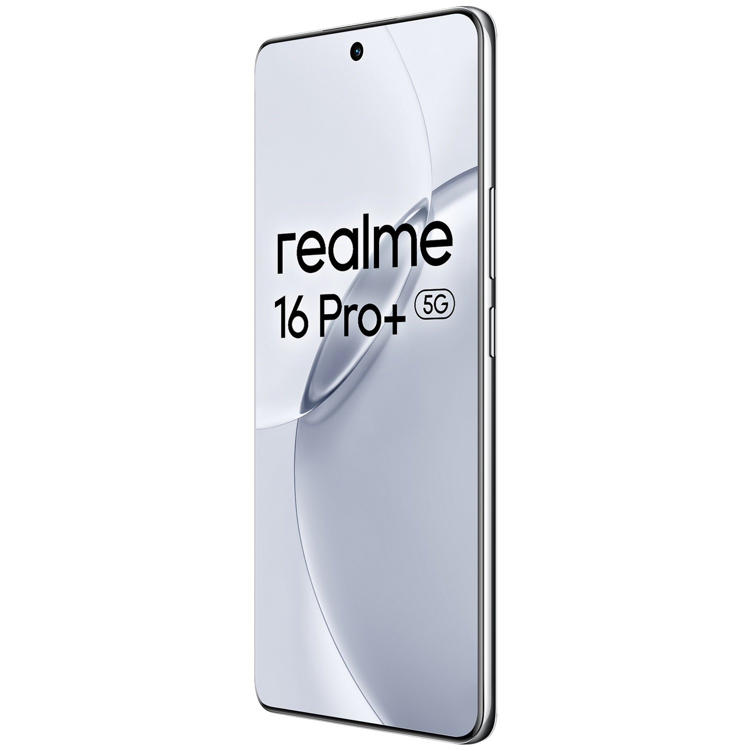Un smartphone argenté Realme 16 Pro+ 5G incliné, affichant un écran lumineux.