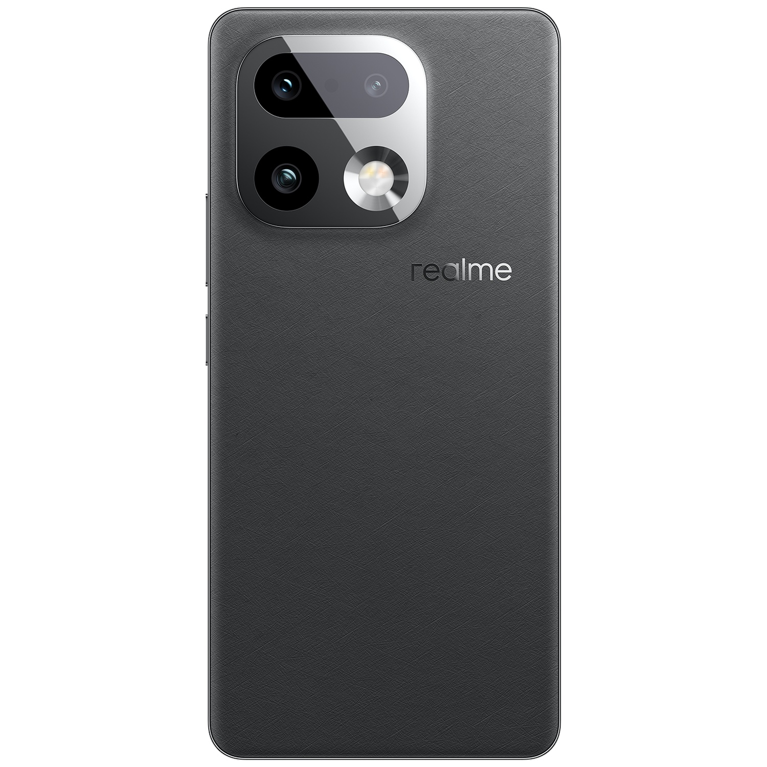 Dos d'un smartphone Realme gris avec une finition texturée et un module à trois caméras.