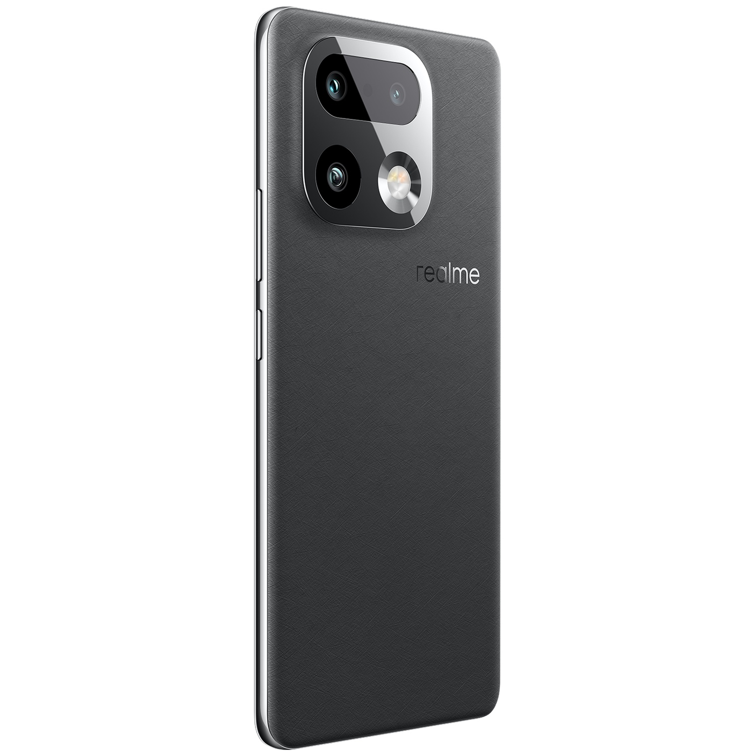 Dos d'un smartphone Realme gris avec une finition en cuir texturé et un module photo rectangulaire.