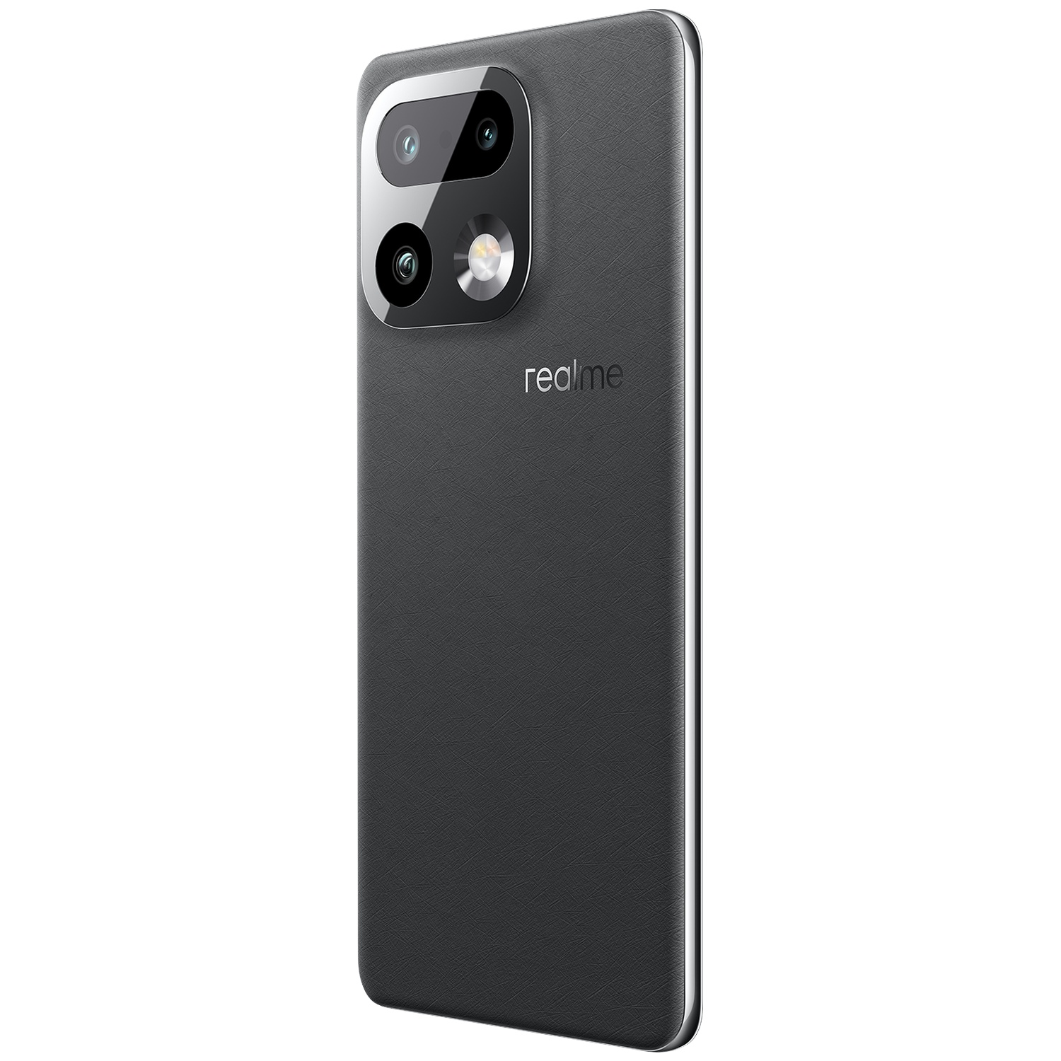 Arrière d'un smartphone Realme gris doté d'un module photo rectangulaire sur fond blanc.