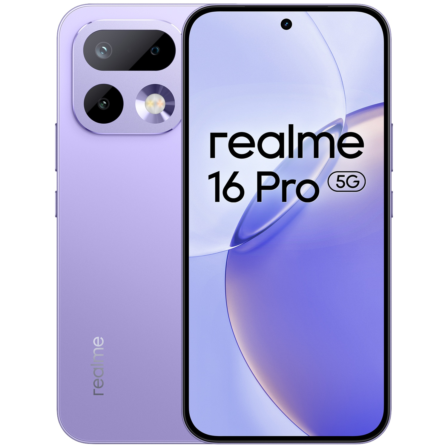 Smartphone Realme 16 Pro 5G violet avec écran avant et caméras arrière.