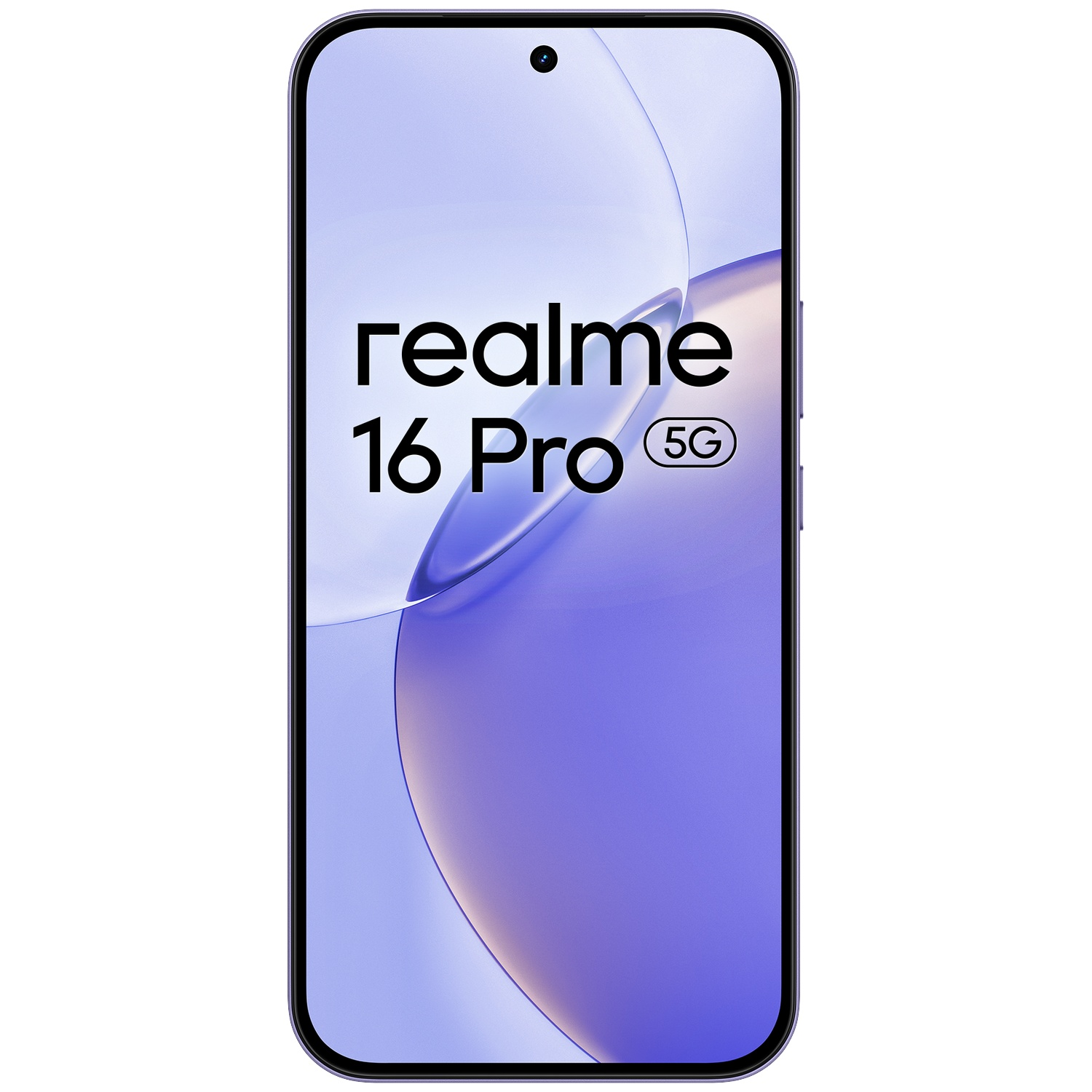 Smartphone affichant le texte realme 16 Pro 5G sur son fond d'écran violet.