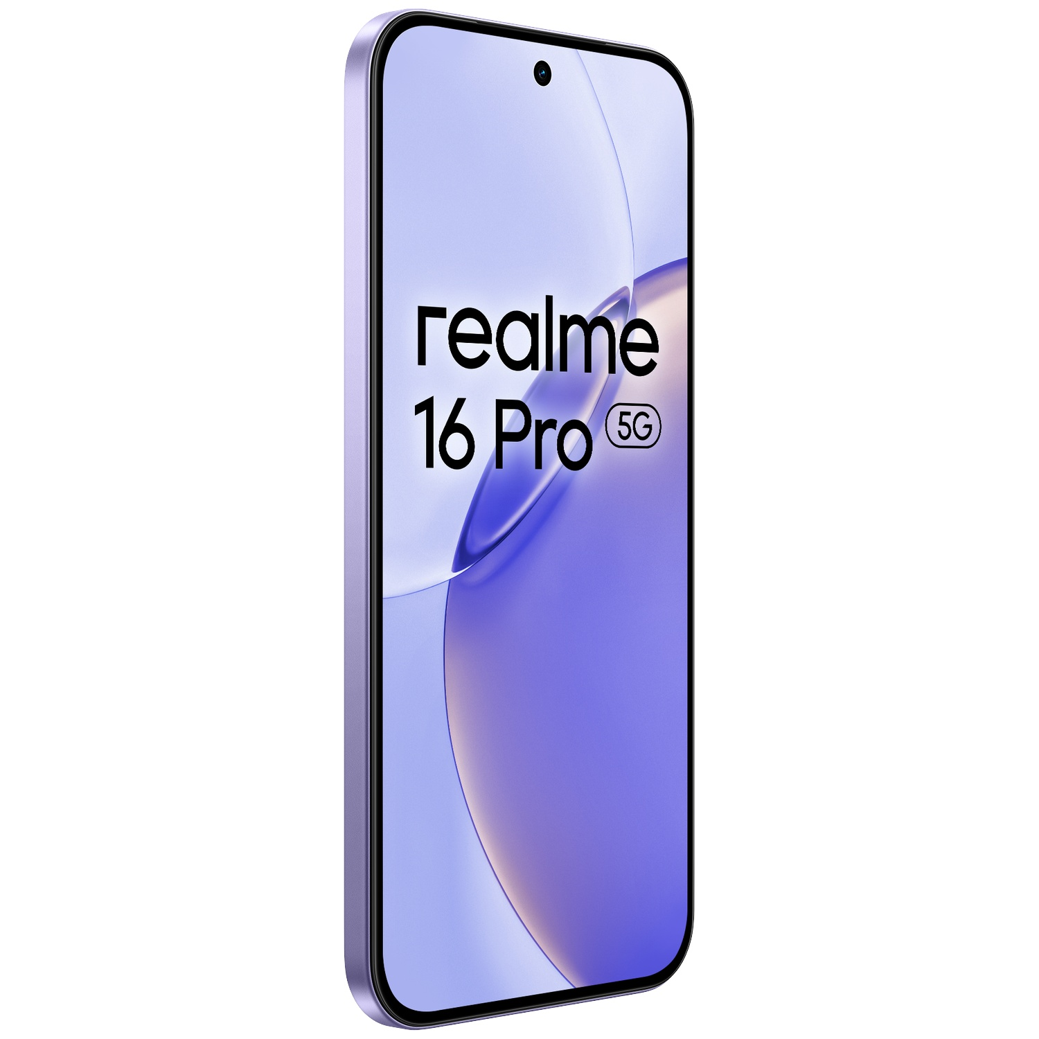 Un smartphone violet Realme 16 Pro 5G incliné sur fond blanc avec le logo sur l'écran.