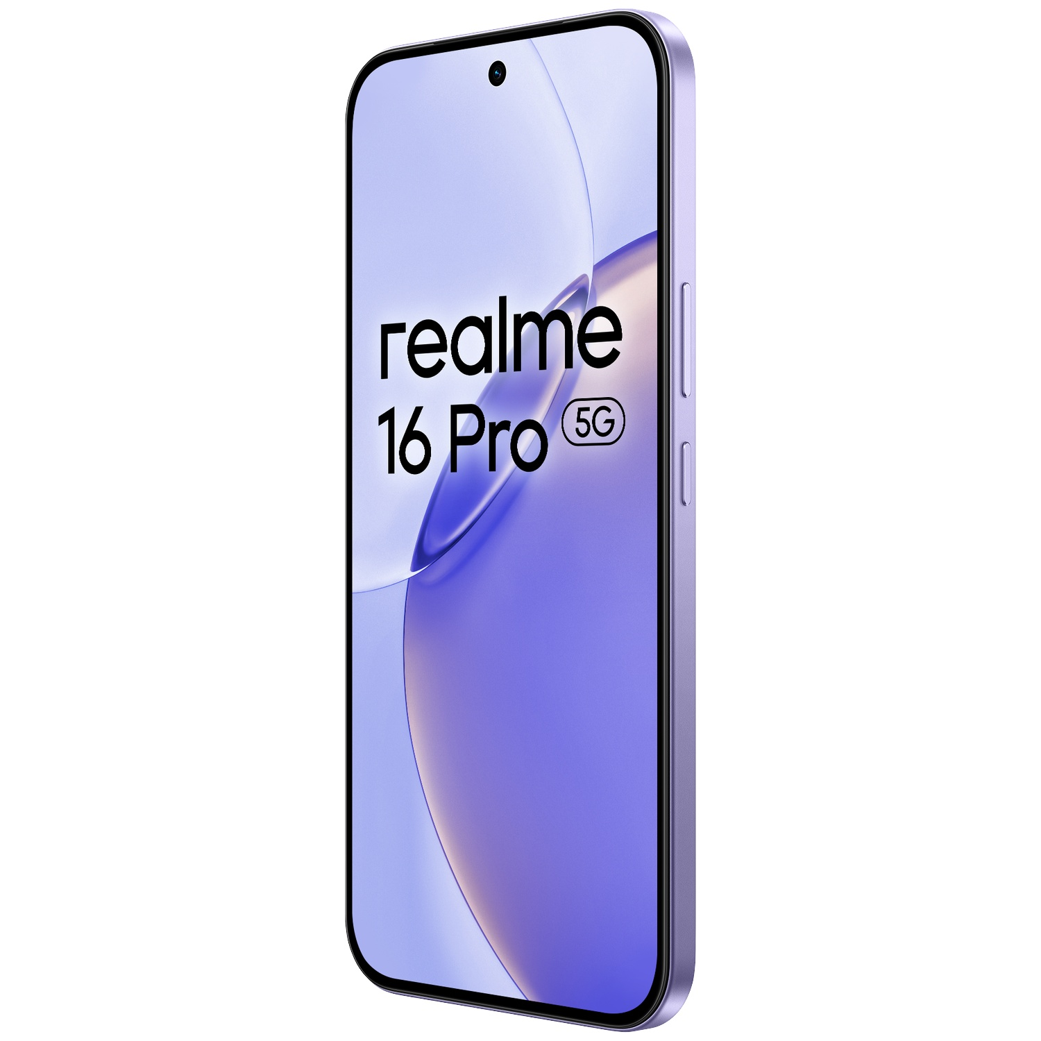 Un smartphone violet Realme 16 Pro 5G affichant son écran d'accueil sur fond blanc uni.
