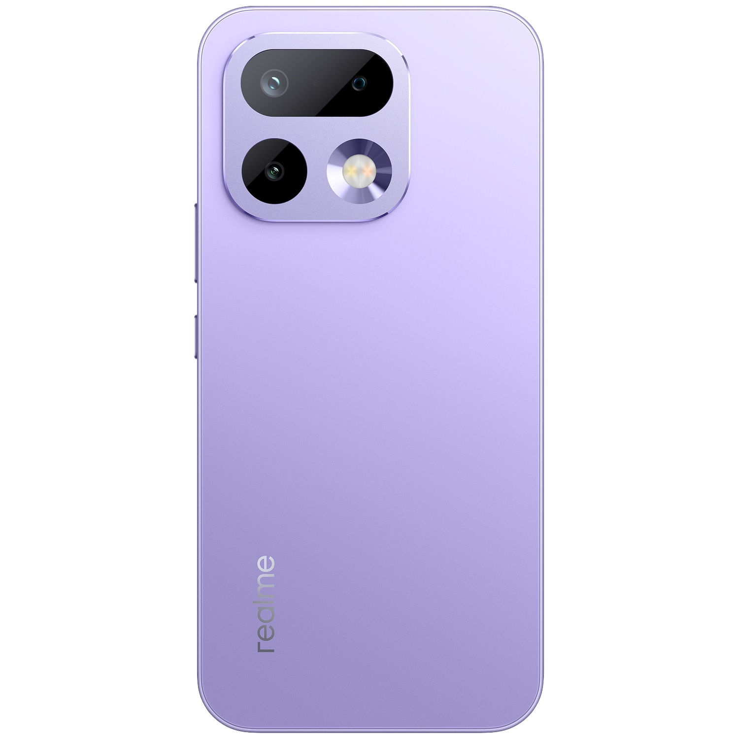 Dos d'un smartphone violet avec un module à triple caméra et le logo Realme.