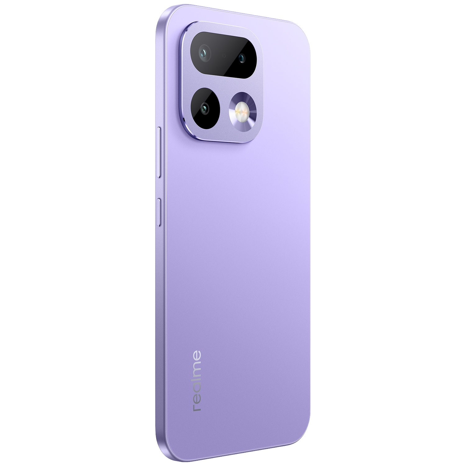 Dos d'un smartphone Realme violet avec un module photo rectangulaire en haut à gauche et le logo Realme.