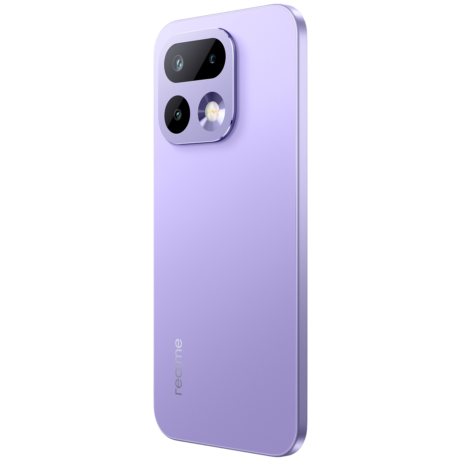 Dos d'un smartphone Realme violet avec un module photo rectangulaire.