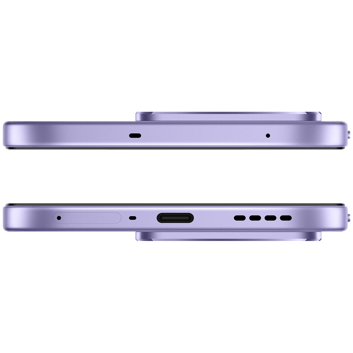 Vues du bas et du haut d'un smartphone violet clair montrant les ports et le haut-parleur.