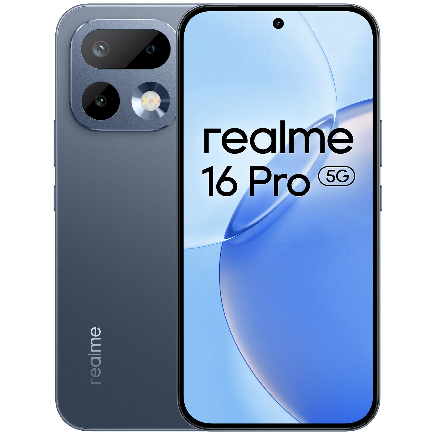 Arrière et avant bleus du smartphone Realme 16 Pro 5G affichant double caméra et nom sur l'écran.