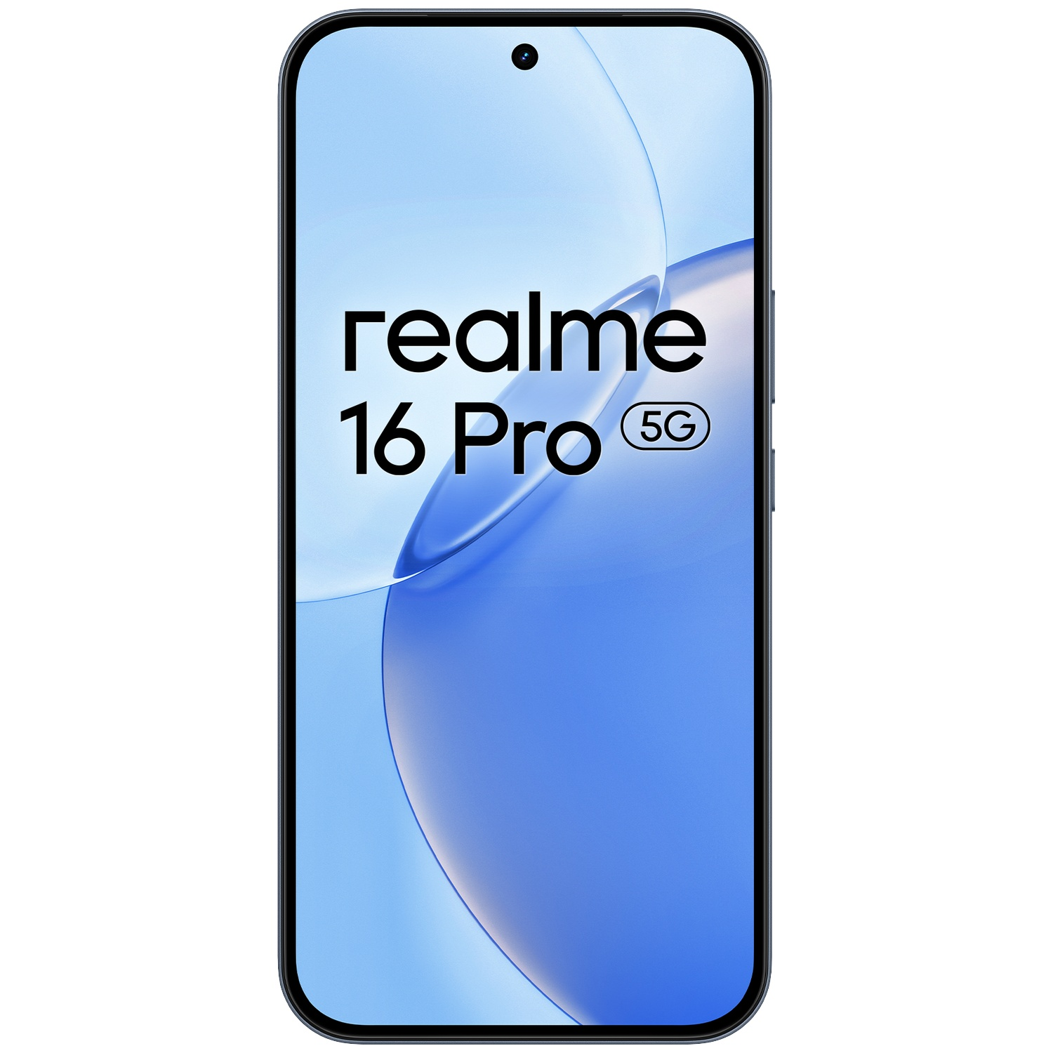 Le smartphone realme 16 Pro 5G affiche un fond bleu avec du texte à l'écran.