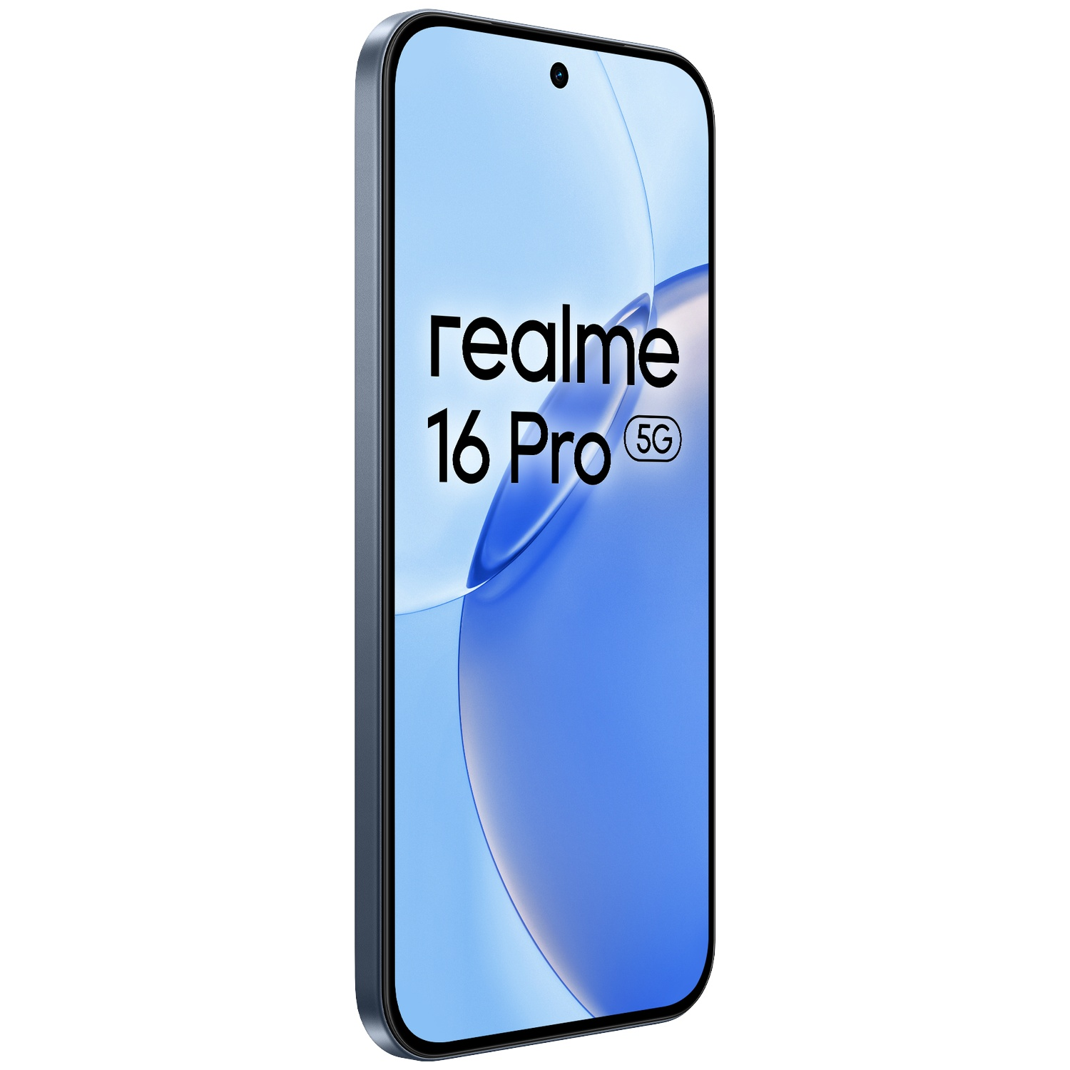 Smartphone affichant le texte realme 16 Pro 5G sur son écran bleu.