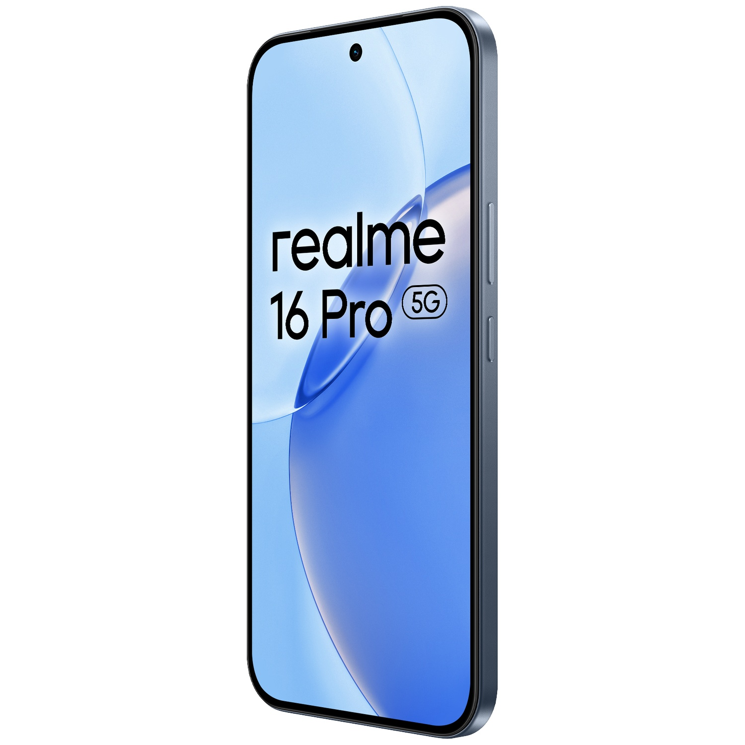 Un smartphone bleu Realme 16 Pro 5G est présenté en angle sur un fond blanc.