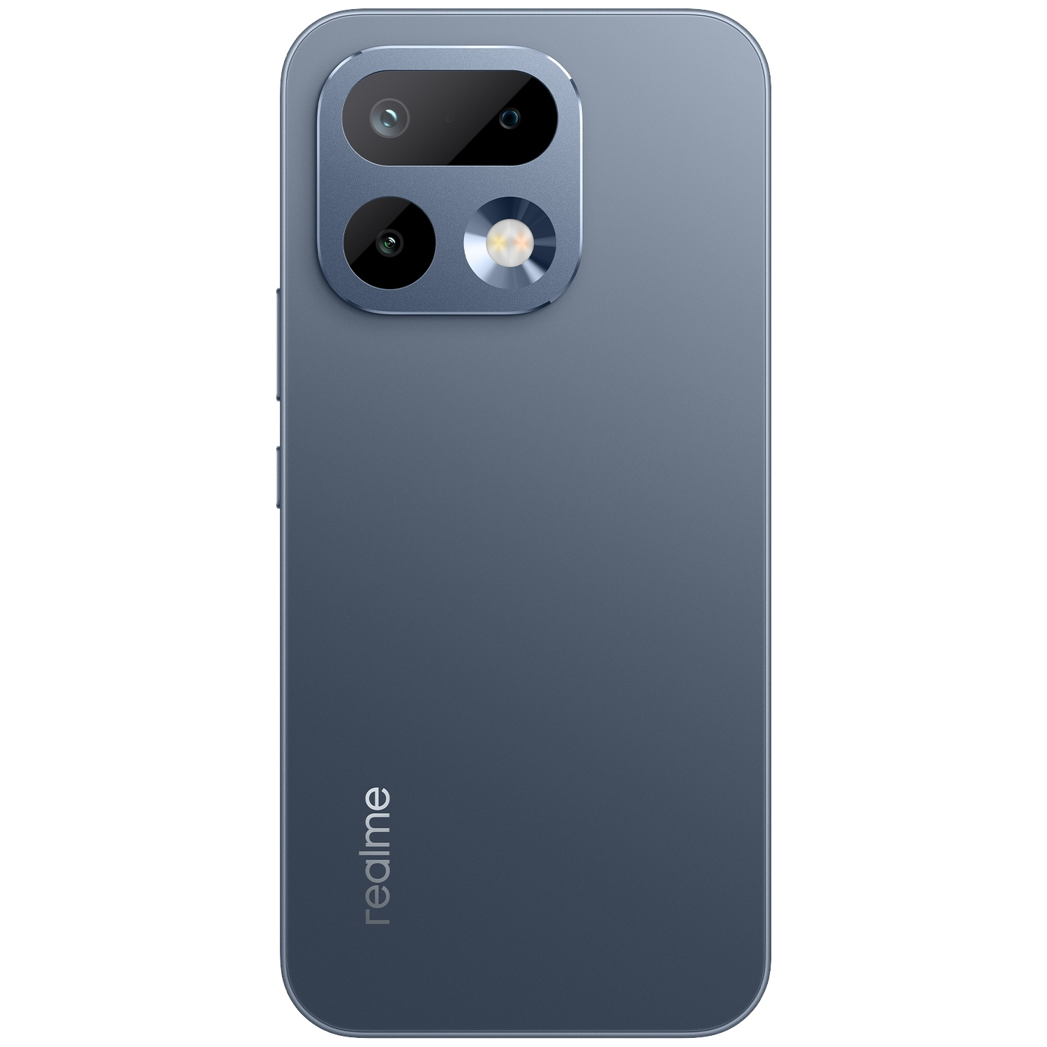 Dos d'un smartphone Realme bleu avec un module photo carré en haut à gauche.