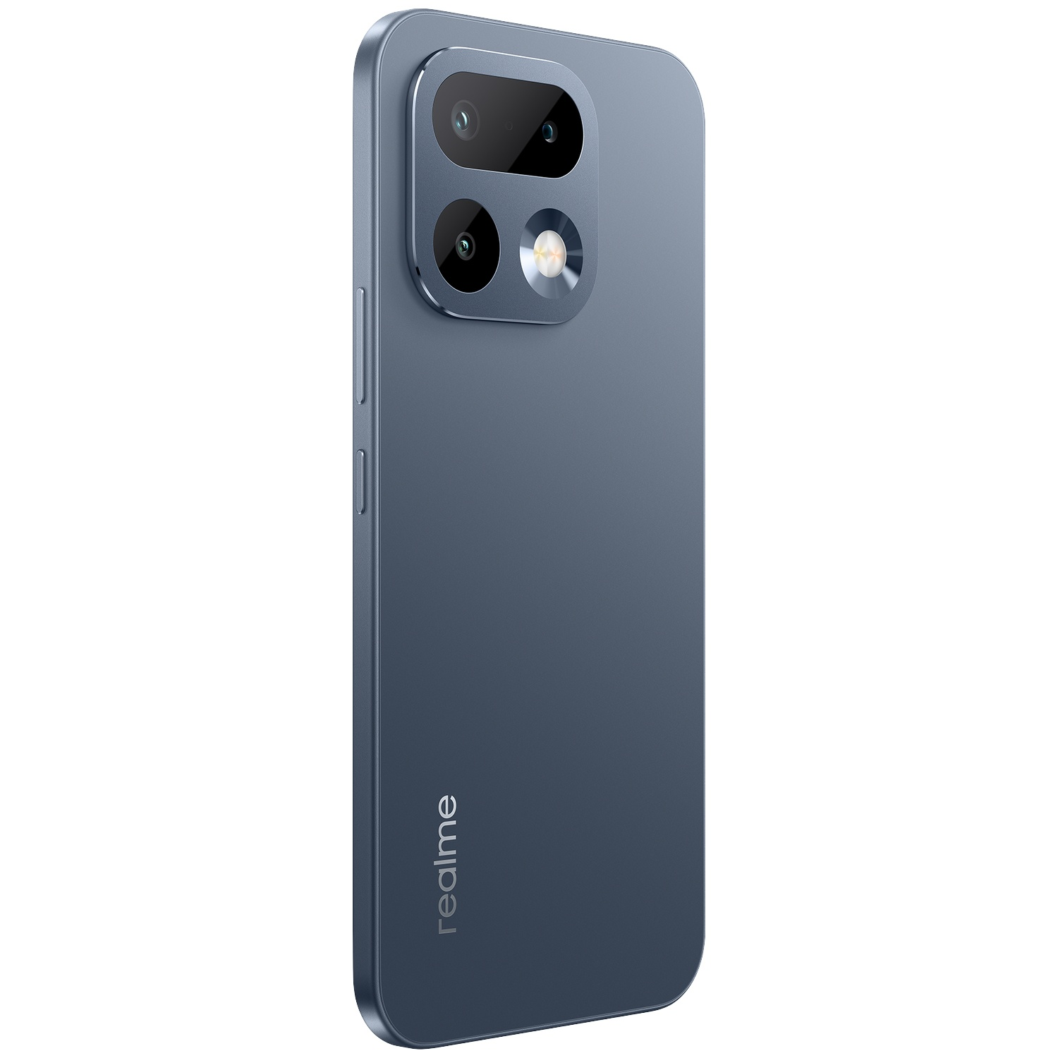Vue arrière d'un smartphone Realme bleu avec double caméra et flash.