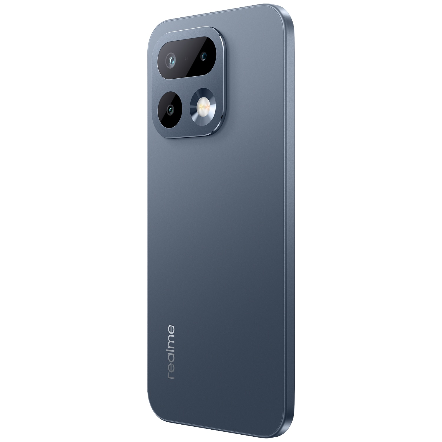 Vue arrière d'un smartphone Realme bleu avec deux caméras et un flash dans un module en forme de pilule.