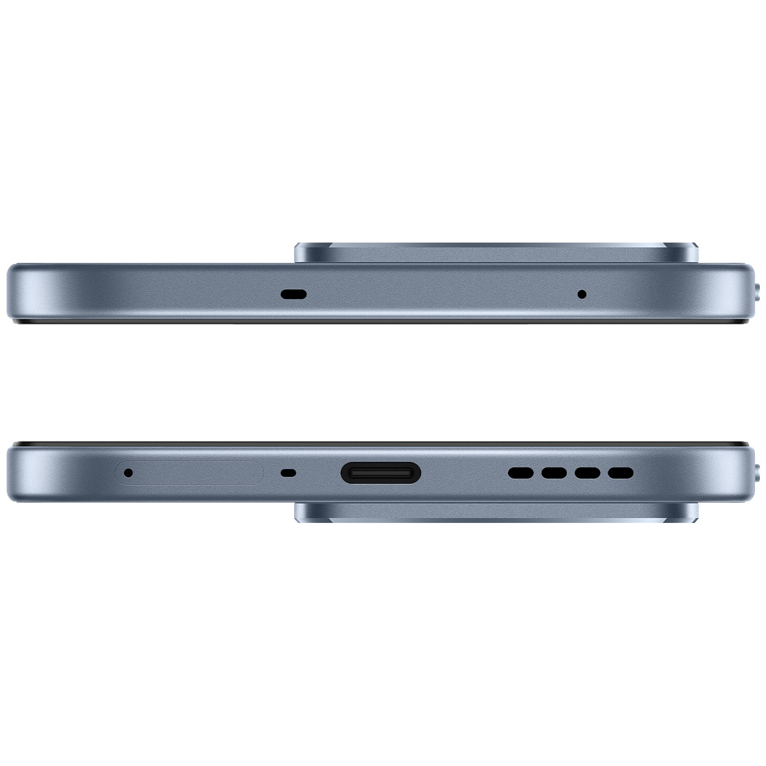 Côtés supérieur et inférieur d'un smartphone gris montrant ports et haut-parleurs.