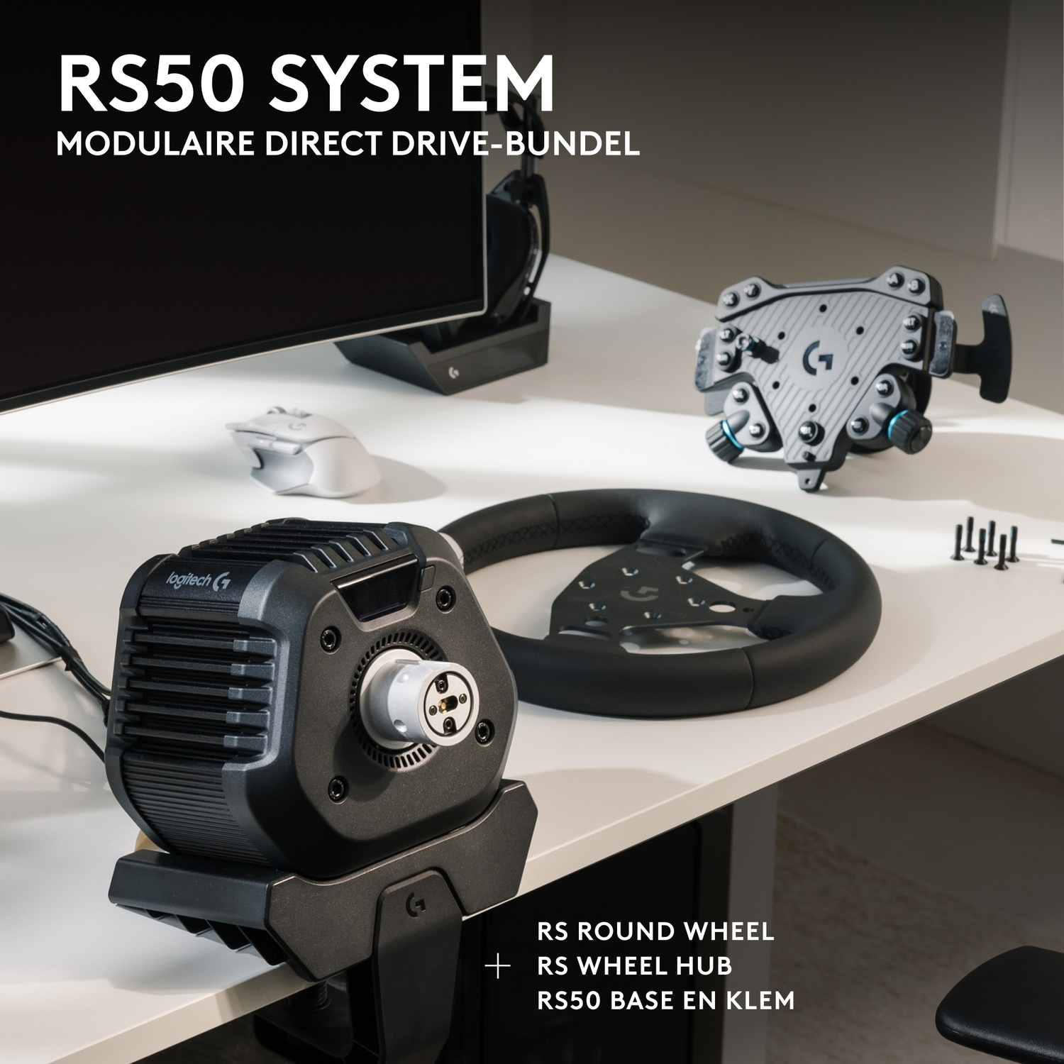 RS50 Direct Drive system with steering wheel, hub, and base on a white desk.