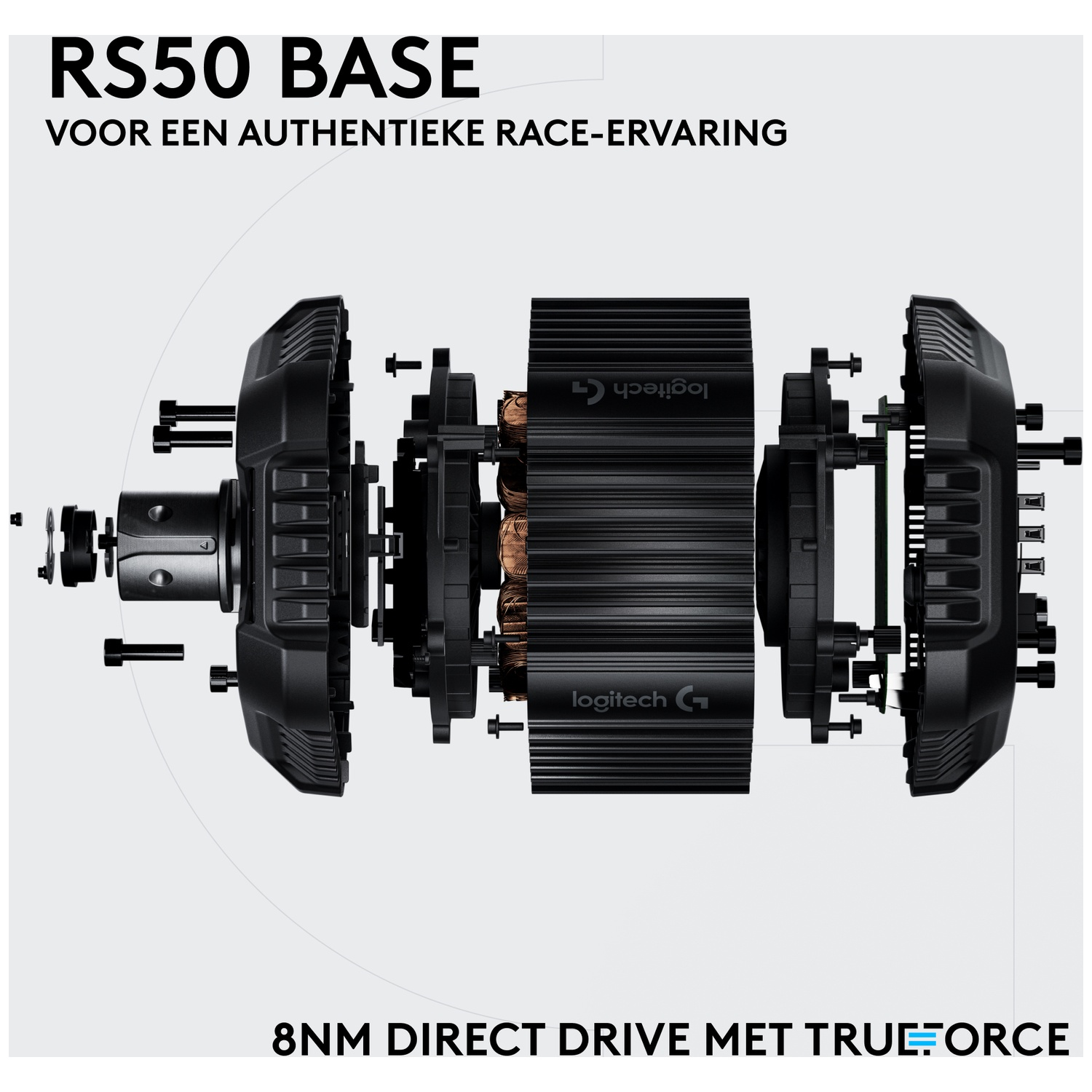 Exploded view of the black RS50 Base with motor and screws on a light background.