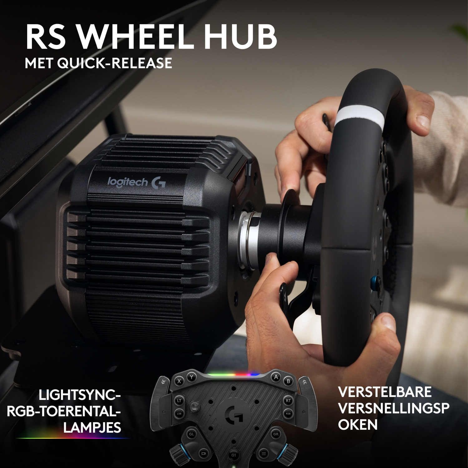 Close-up of hands attaching a black racing wheel to a Logitech wheel base, with Dutch text overlays.