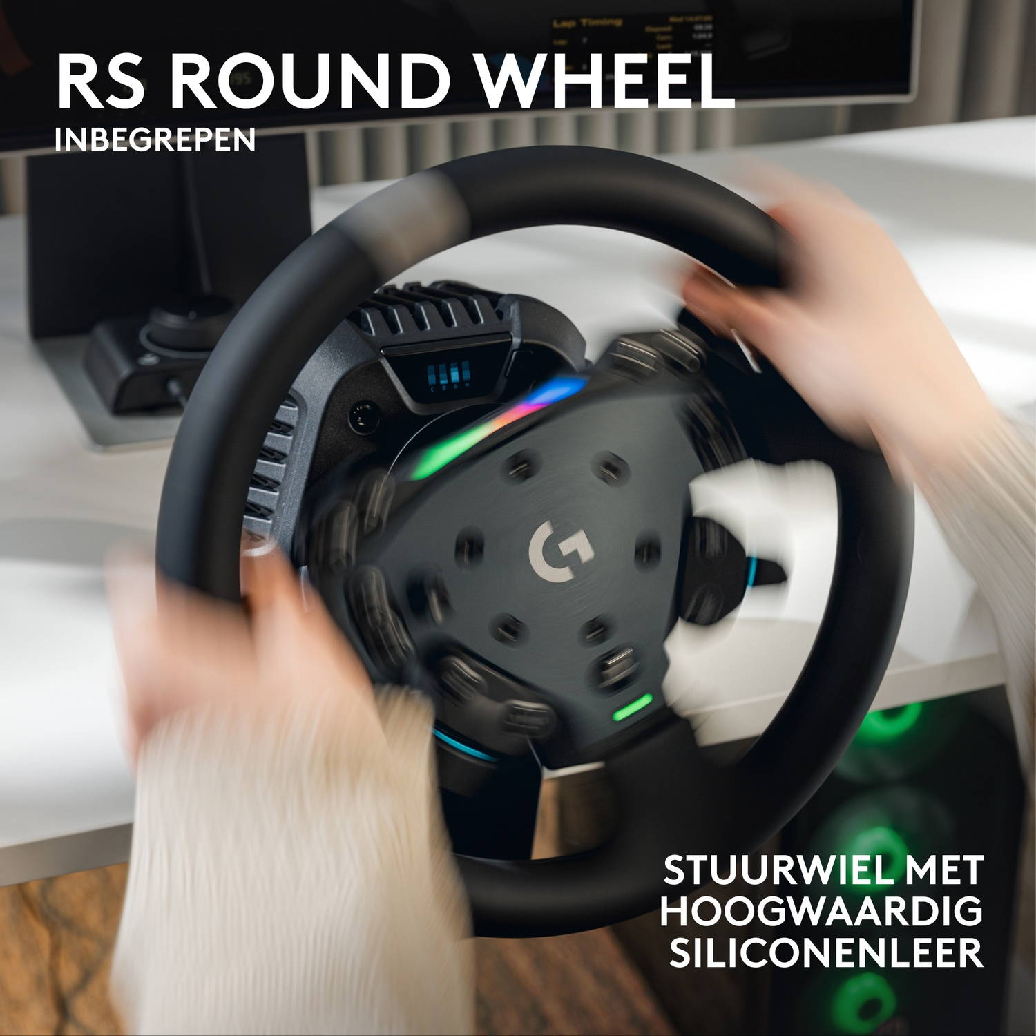 A person rapidly turning an RS Round Wheel sim racing steering wheel on a desk.