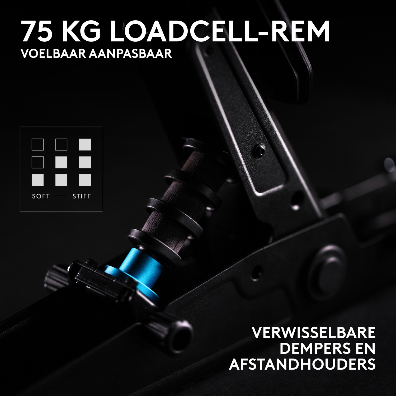Close-up of a racing pedal featuring a 75 kg loadcell, blue base, and adjustable dampers.