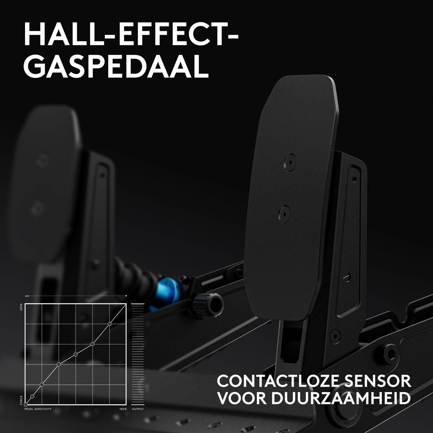 Black hall-effect gas pedal with contactless sensor and sensitivity graph on a black background.