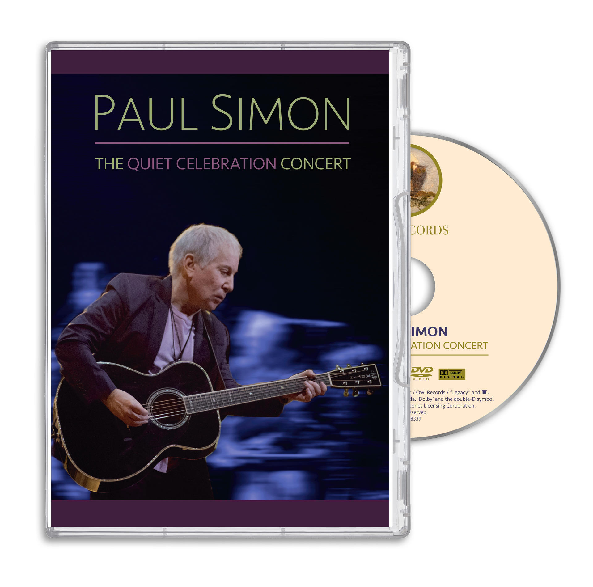 DVD-Hülle und Disc von Paul Simon The Quiet Celebration Concert mit Bild des Künstlers mit Akustikgitarre.