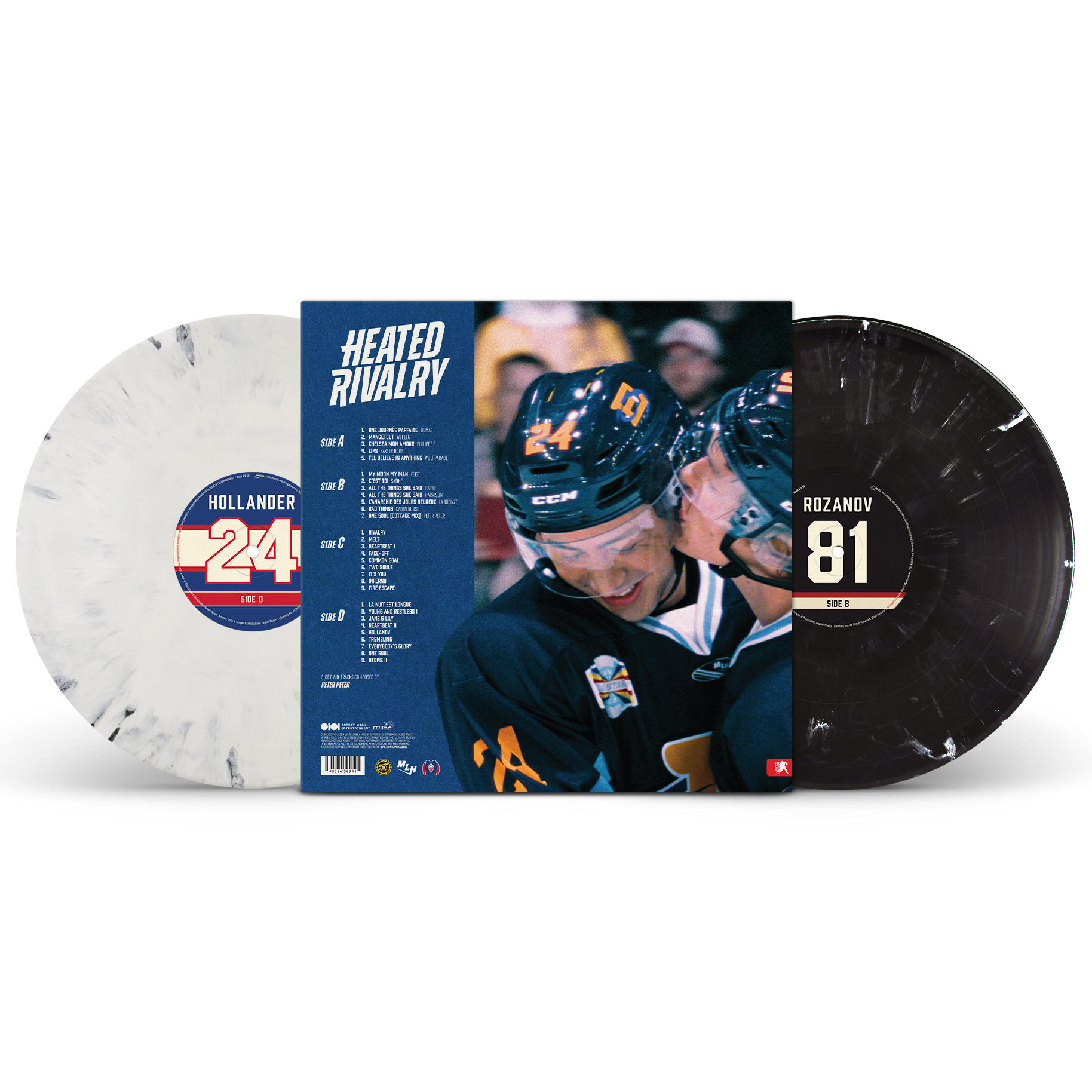 Heated Rivalry Schallplatten-Set mit zwei farbigen Vinyls und Cover mit Eishockeyspielern.