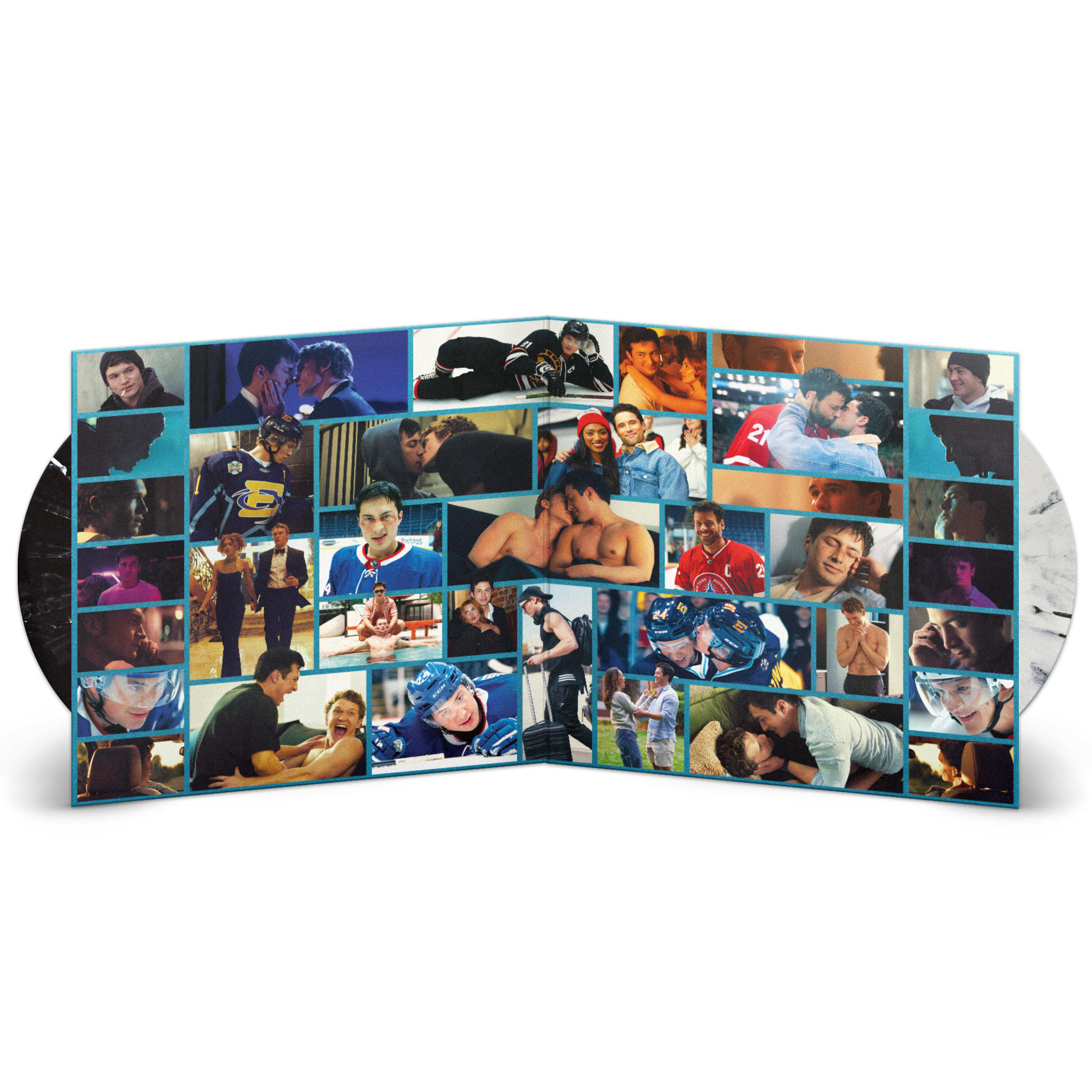 Eine Collage aus Filmszenen mit romantischen Momenten, Eishockeyspielern und Charakteren vor blauem Hintergrund.
