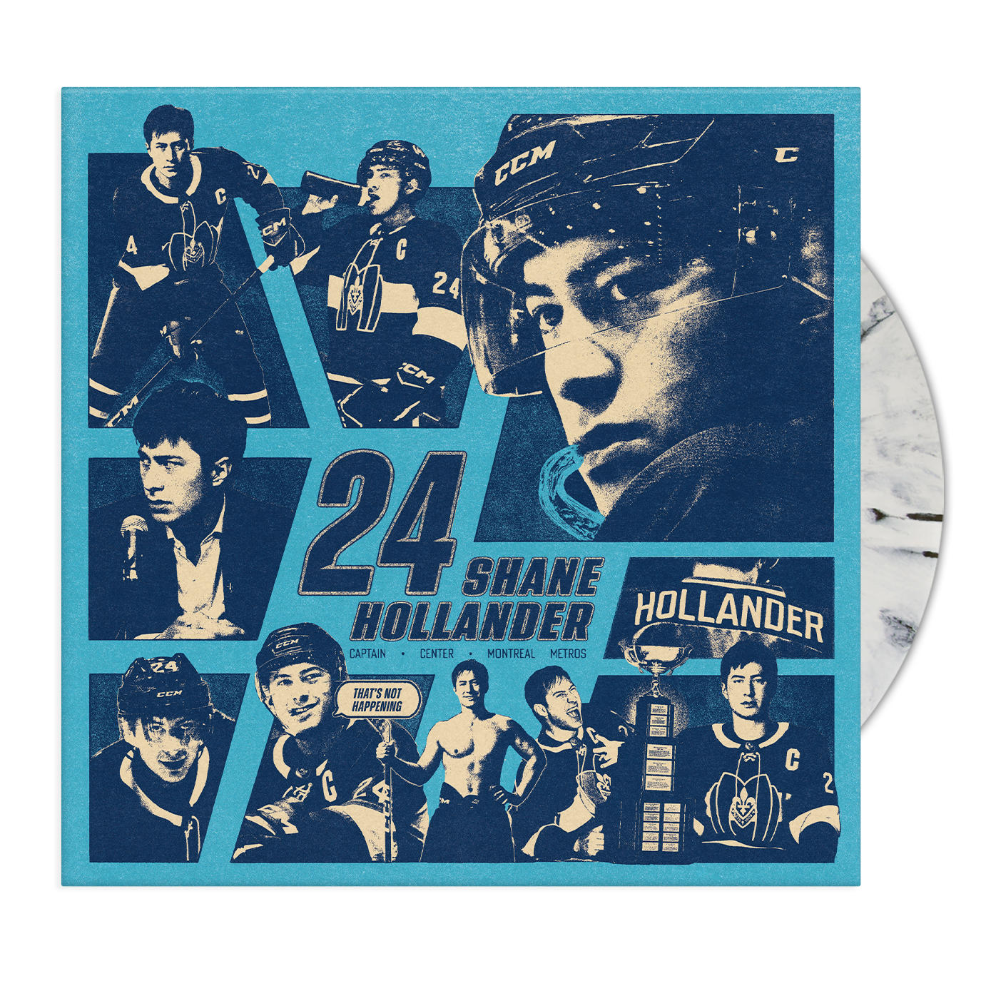 Blau-weiße Eishockey-Collage mit Shane Hollander, Spielszenen und Trophäen.