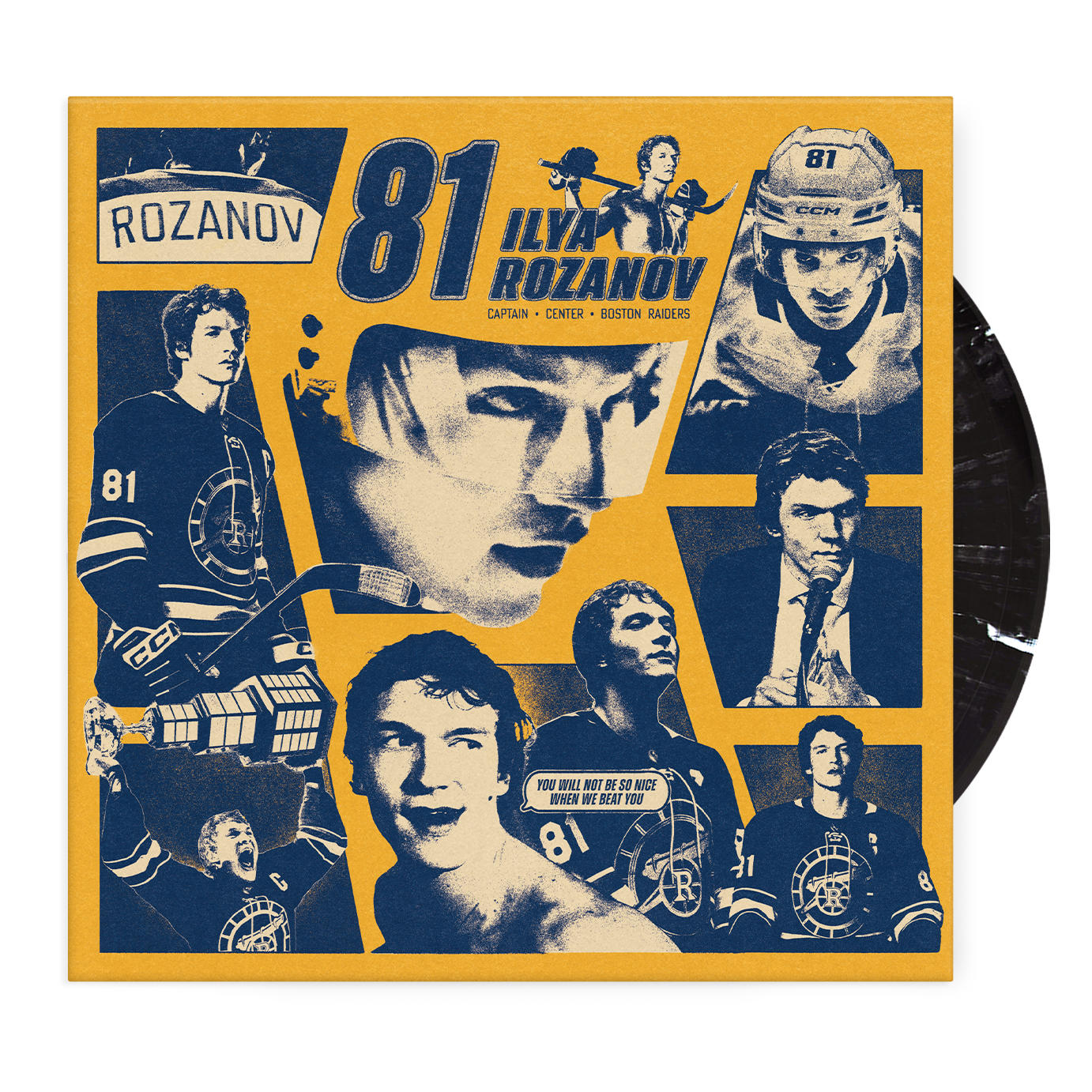 Gelb-blaues Vinyl-Albumcover mit Porträts des Hockeyspielers Ilya Rozanov und der Nummer 81.