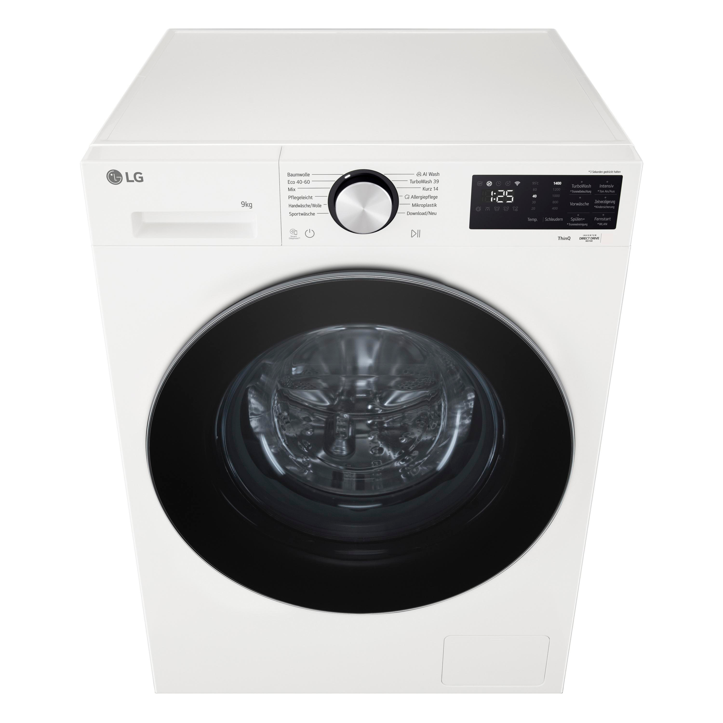 Eine weiße LG Frontlader-Waschmaschine mit schwarzer Tür und digitalem Display von oben betrachtet.