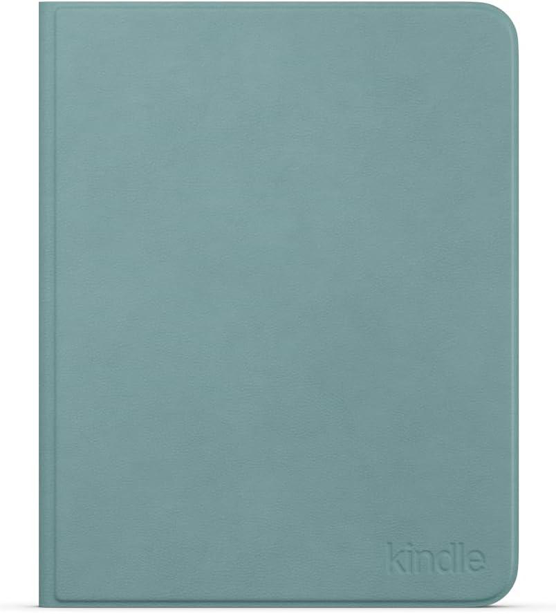 Ein bläulich-grünes Kindle-Cover aus Leder mit dem eingeprägten Logo unten rechts.