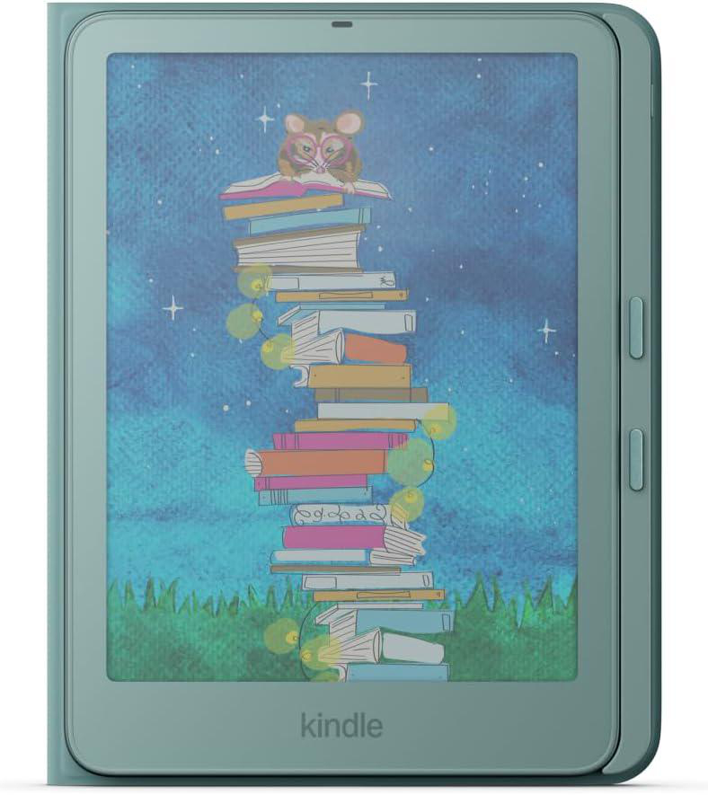 Ein Kindle mit einer Illustration von einem Buchstapel und einer süßen Maus auf einem blauen, sternenklaren Hintergrund.