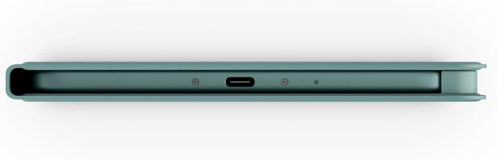 Unterseite eines grünen Smartphones mit USB-C-Anschluss, Mikrofon und Schrauben.