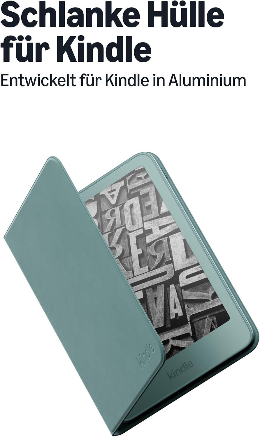 Eine schlanke grüne Kindle-Hülle aus Aluminium mit geöffnetem Cover.