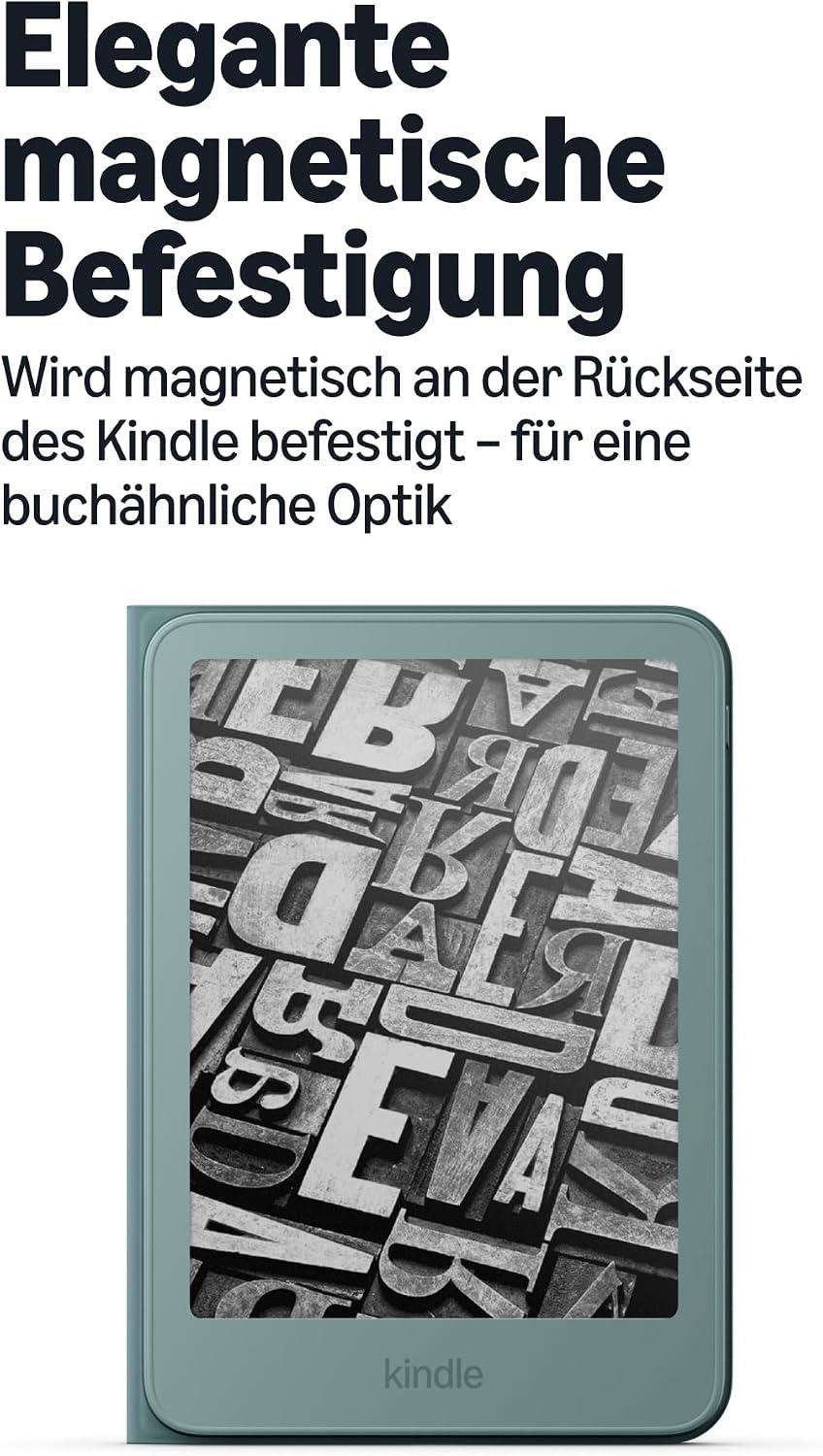 Kindle mit grüner Hülle und Text zur magnetischen Befestigung.