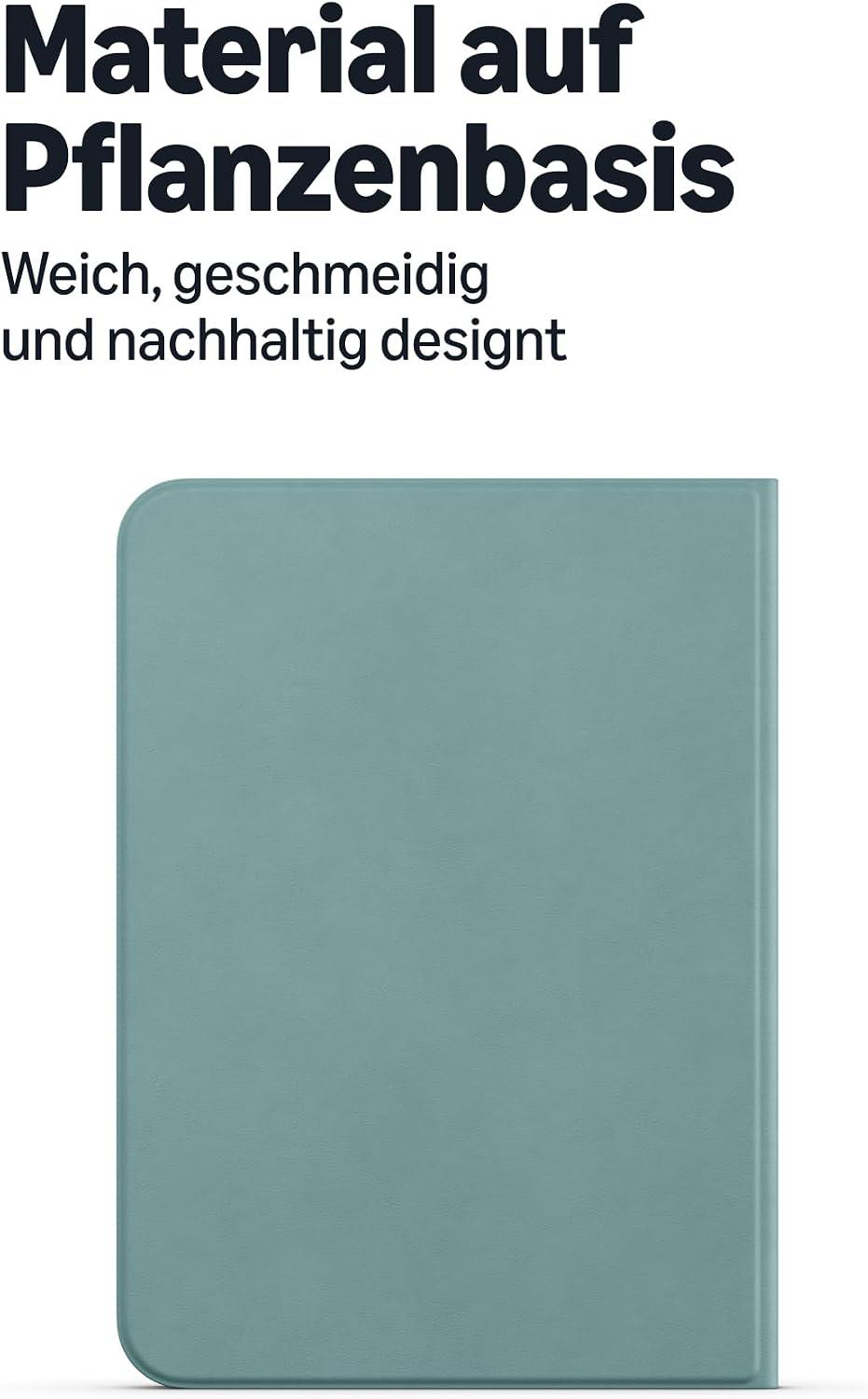 Grünes Tablet-Etui unter deutschem Werbetext für pflanzenbasiertes Material.