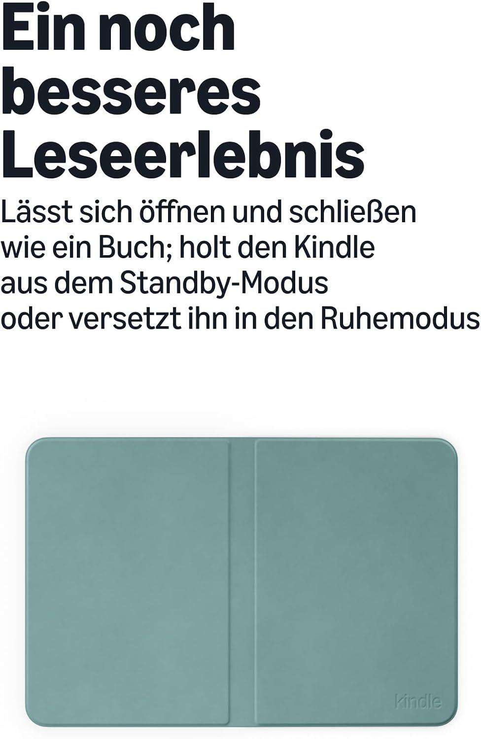 Ein grünes Kindle-Cover mit Text darüber, das Funktionen wie automatisches Aufwachen beschreibt.