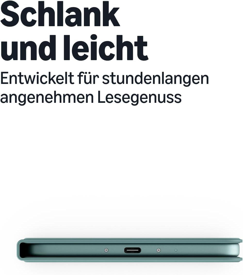 Schlanker, leichter E-Reader in mintgrüner Hülle mit USB-C-Anschluss.