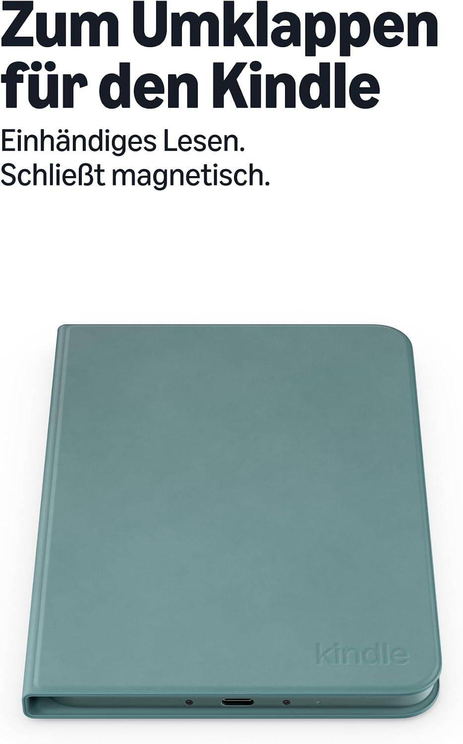 Blaue Kindle-Hülle mit magnetischem Verschluss für einhändiges Lesen und umklappbarem Cover.