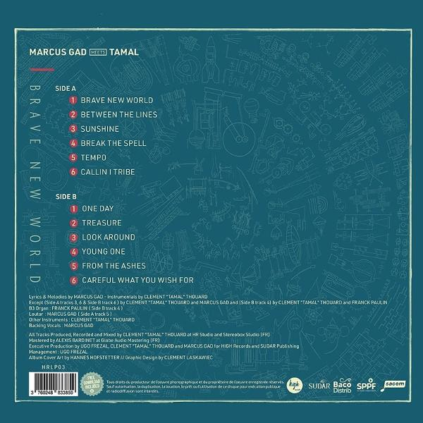 Rückseite eines Musikalbums mit Tracklists für Seite A und B auf blauem Hintergrund mit Linienzeichnungen.