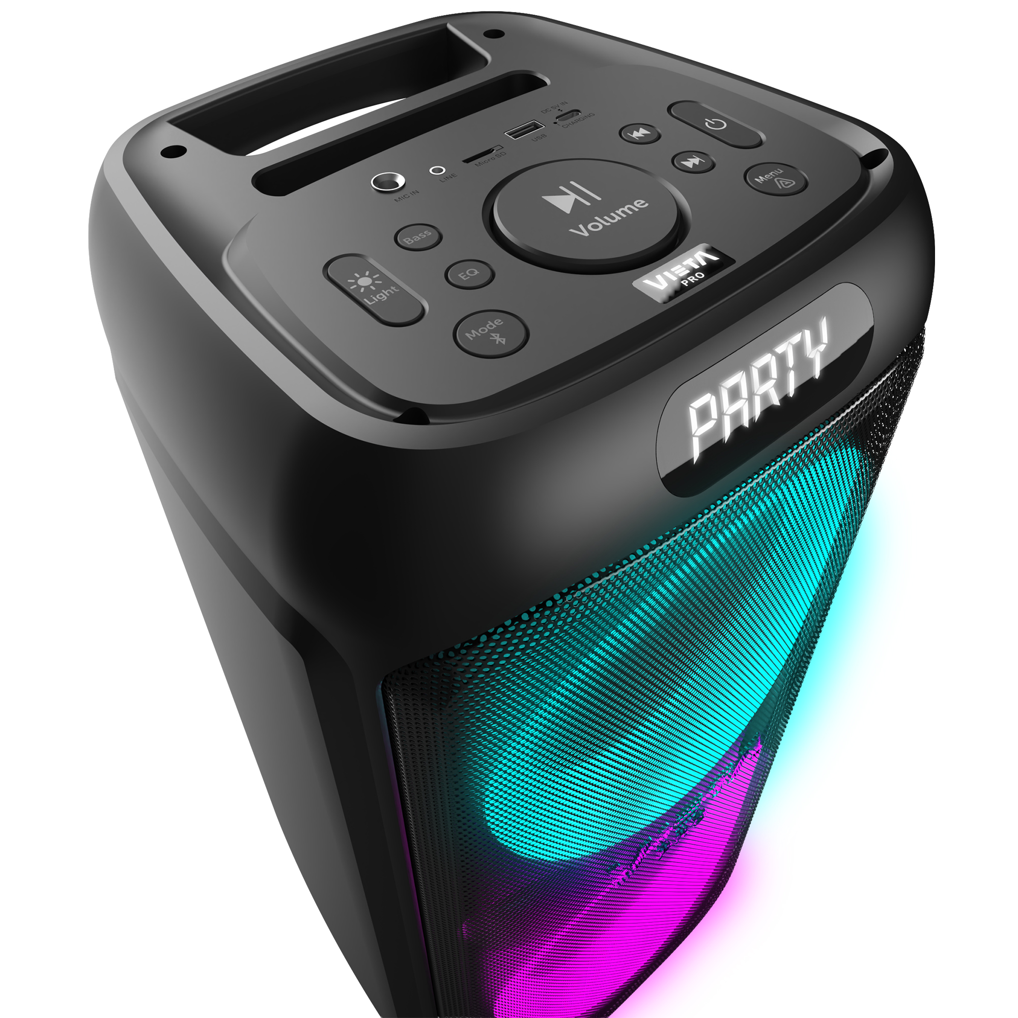 Un altavoz de fiesta negro con asa, panel de control y luces brillantes azules y rosas detrás de la rejilla frontal.